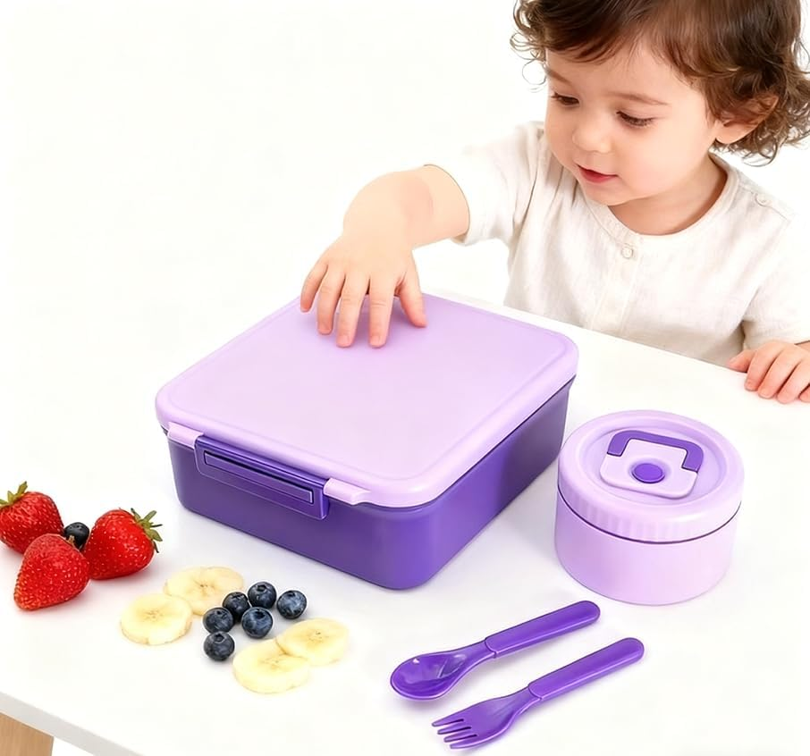 Rwaby Kids Lunch Box - Insulated Bento Box with Stainless Steel Thermos & Leak-Proof Containers for School, Travel, and Outdoor | 300Ml Food Jar & Square Container for Toddlers and Children (Purple)