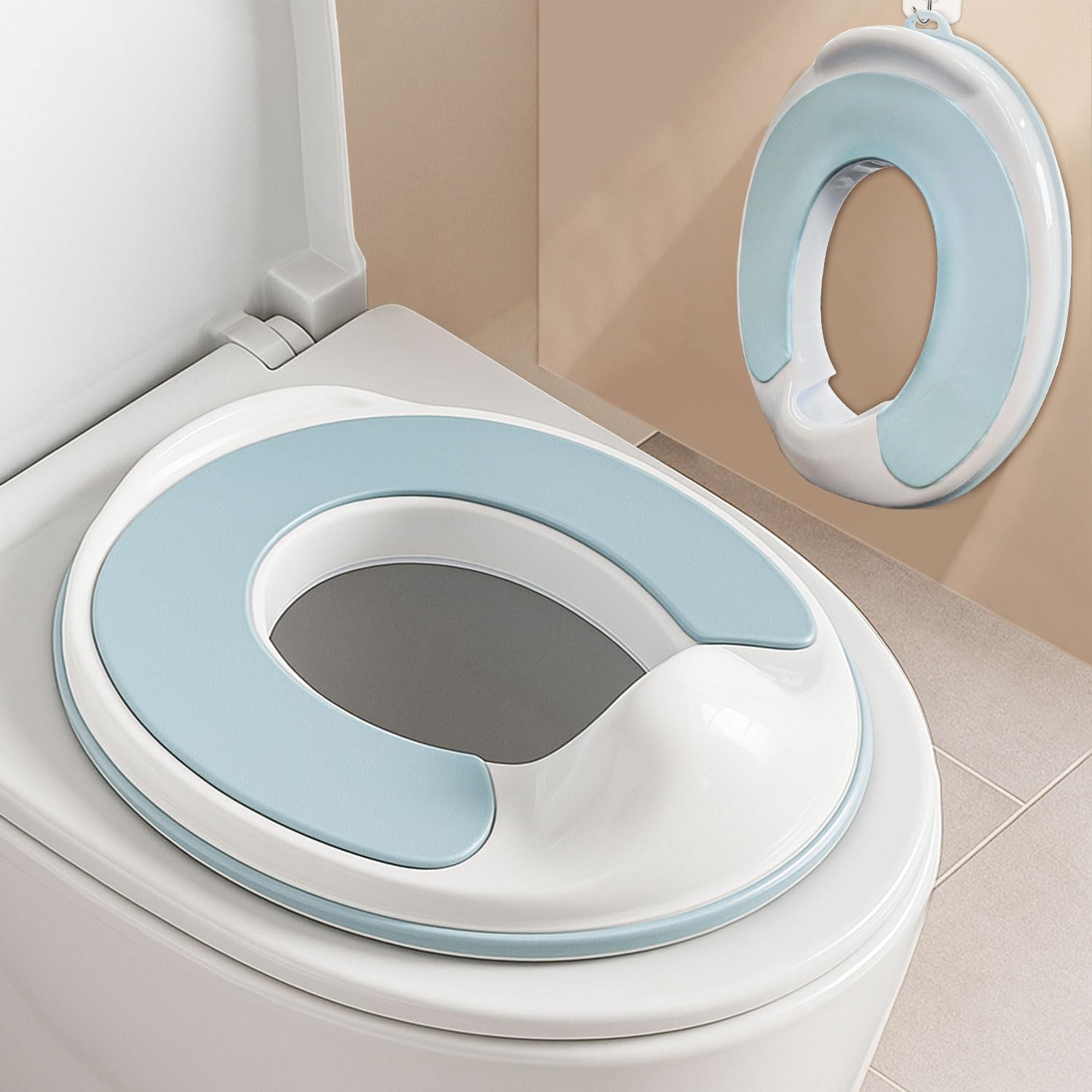 Potty Training Toilet Seat - Ultra-Stable Kids Toilet Seat with Soft Cushion, Anti-Slip Portable Potty Training Seat with Splash Guard for Boys Girls, Fits round & Oval Toilets - Blue image number 2