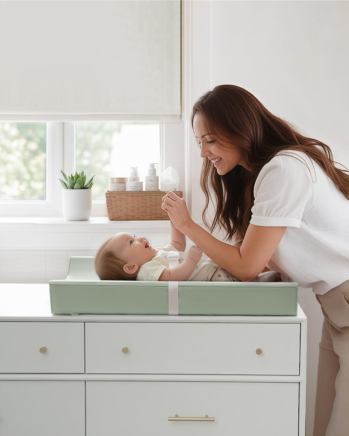 Blissful Diary Vegan Leather Baby Changing Pad with Waterproof & Wipe-Clean PU Cover, Standard Size Cozy Diaper Changing Pad for Dresser and Table, Light Green image number 4