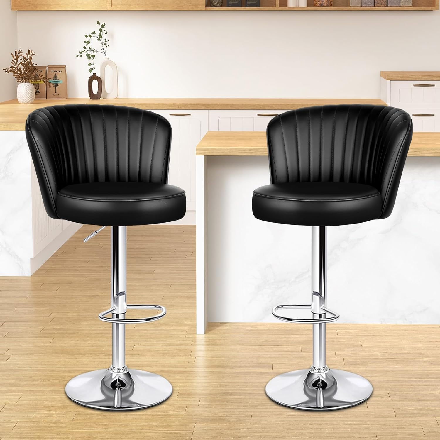 ALFORDSON Bar Stool 2Pcs Swivel Kitchen Stools Willa Adjustable Counter Barstools Black Dining Chair in 62-84Cm Seat Height with Antiskid Floor Protector for Home Bar Dining Room
