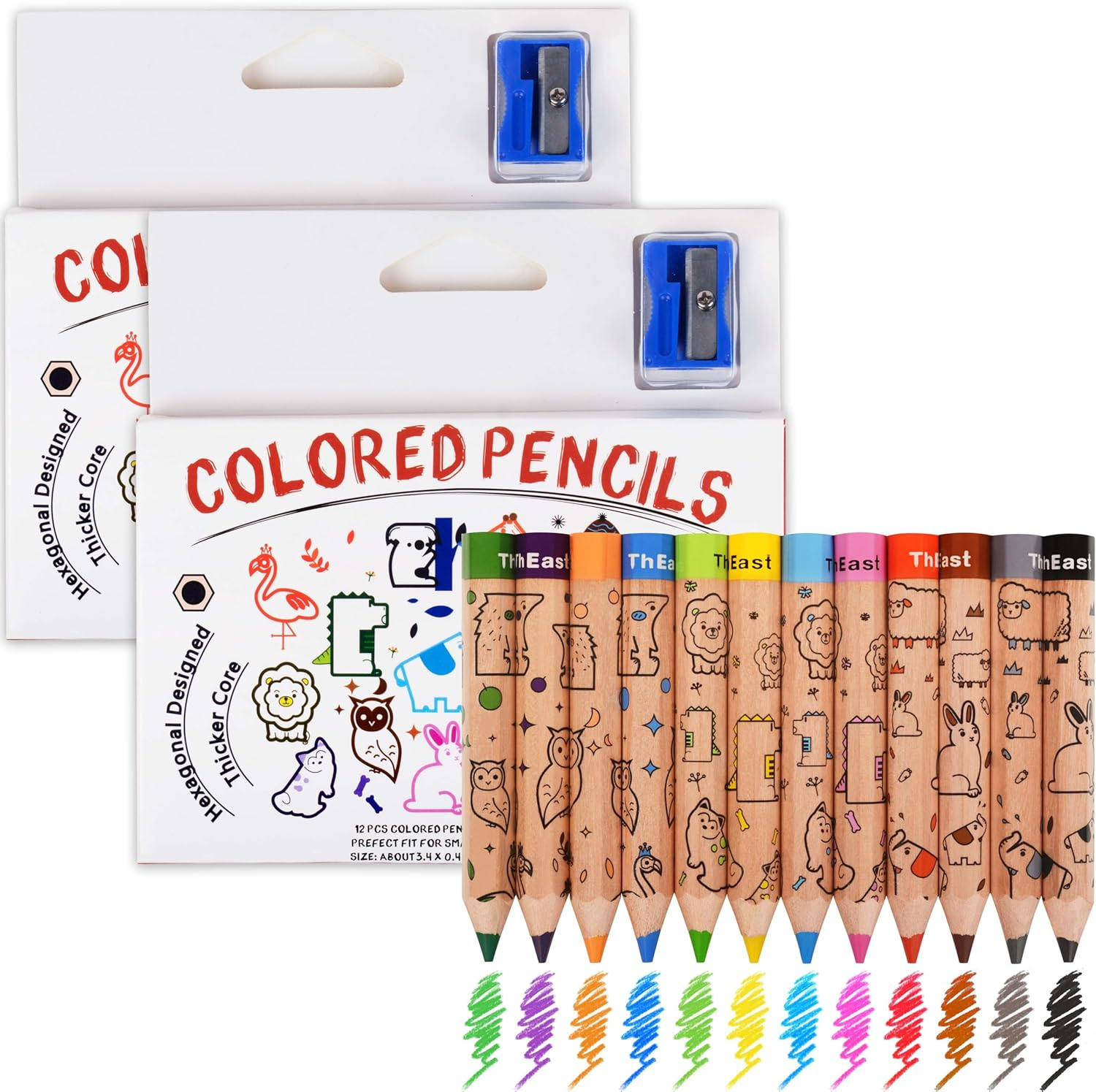 Theast 24 Short Colored Pencils, Cute Animal Pencils for Kids Ages 3-12, Preschool Pencil with Sharpener, Toddler Coloring Pencils Set, Pre-Sharpened(2 Sets of 12)