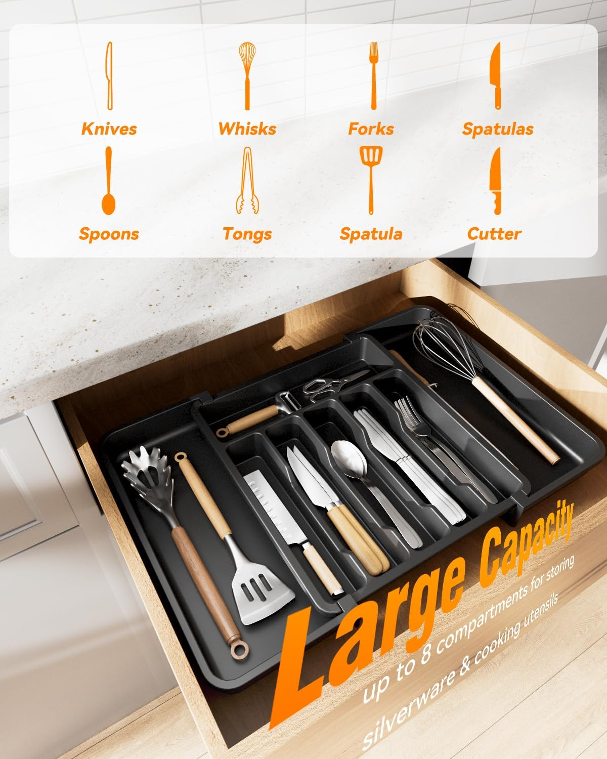 Billord Cutlery Drawer Organiser Tray - Large Kitchen Utensil Drawer Organisers, Expandable Kitchen Draw Organizer Adjustable 33-57Cm for Silverware and Flatware Holder, Plastic Storage Dividers