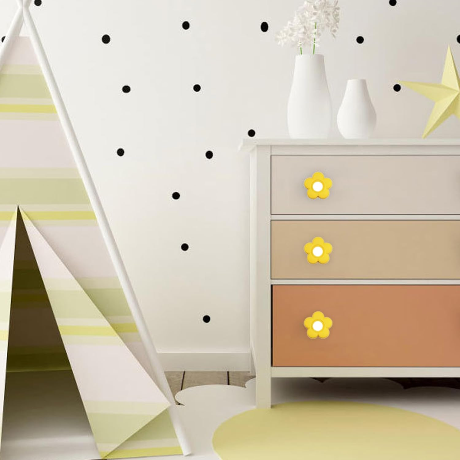 6Pcs Yellow Flower Shape Knobs - Soft Rubber Handles, Cabinet Drawer Pulls for Kids' Rooms & Closets, 1.8X1.8X0.85 Inch with Screws image number 3