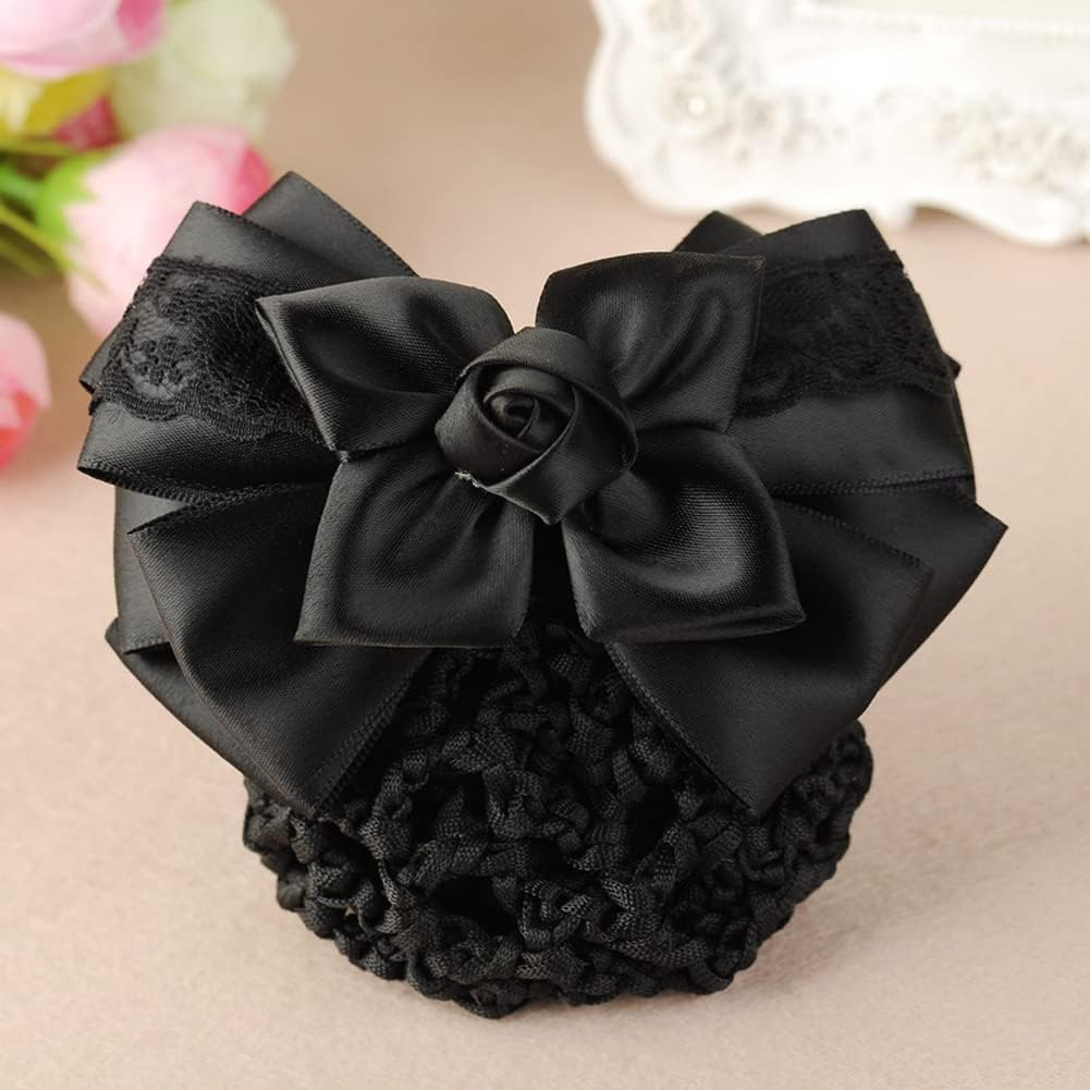 Womens Bowknot Snood Net Barrette Elastic Hair Clip Bun Cover Hairnet Satin Bow Barrette French Hair Clips Hair Accessories for Stewardess Banks Hotels Airline Professionals (Black) image number 6
