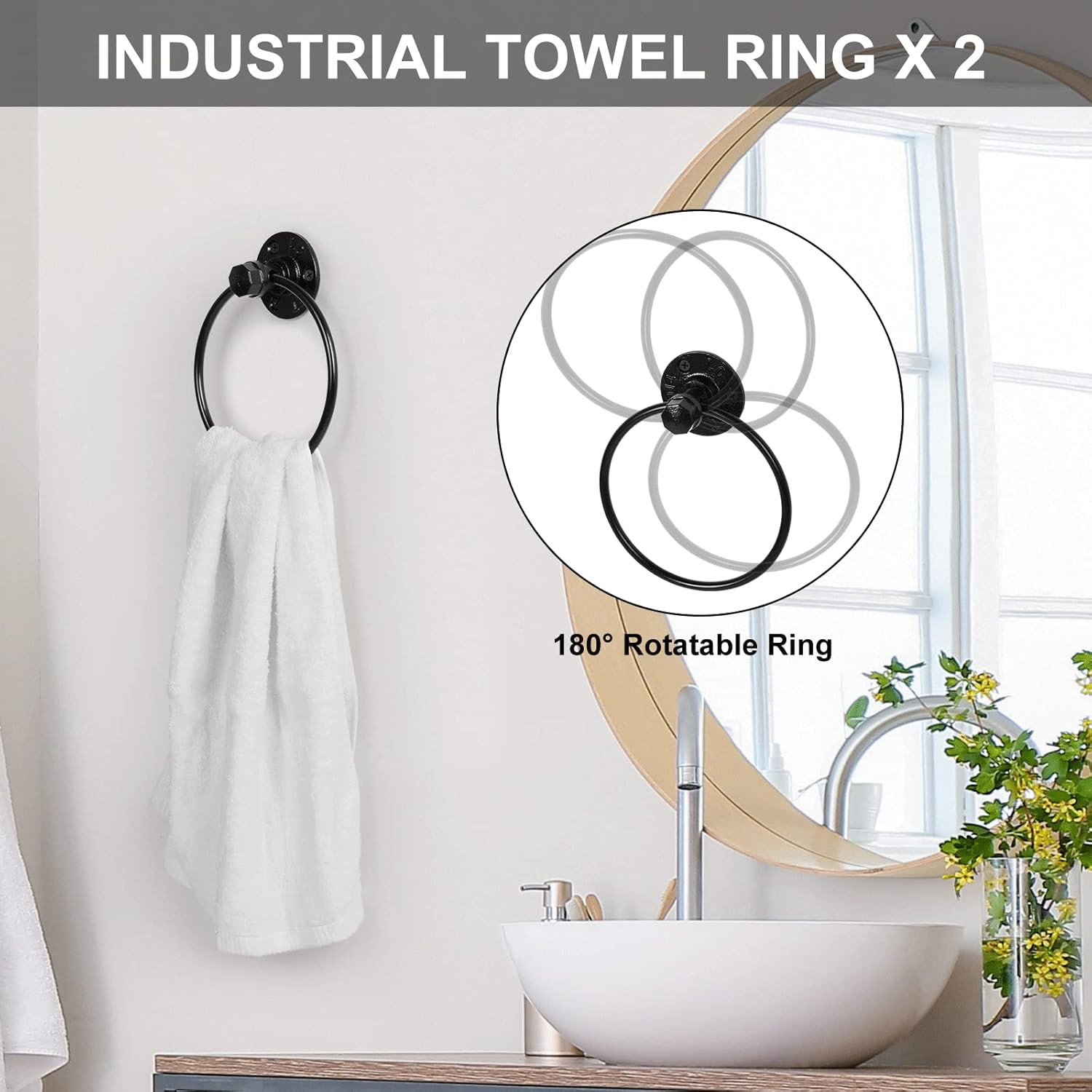 Industrial Bathroom Hardware Set 10 Pieces Bath Towel Bar Set Includes round Towel Ring Hand Toilet Roll Holders for Wall 18 and 25 Inch Towel Rack Robe Towel Hooks Black Bathroom Accessory Towel Kit image number 4