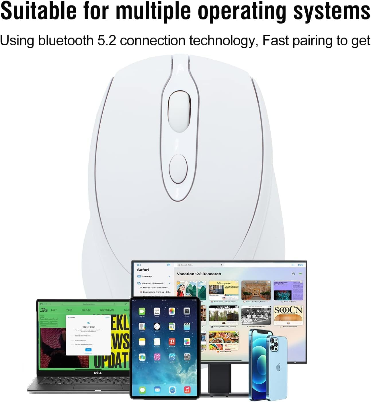 Bluetooth Mouse,Rechargeable Wireless Mouse for Laptop/Ipad/Macbook Pro/Air, Silent Mouse Portable Slim for Surface Pro/Pc/Lenovo/Samsung Tablet (White)