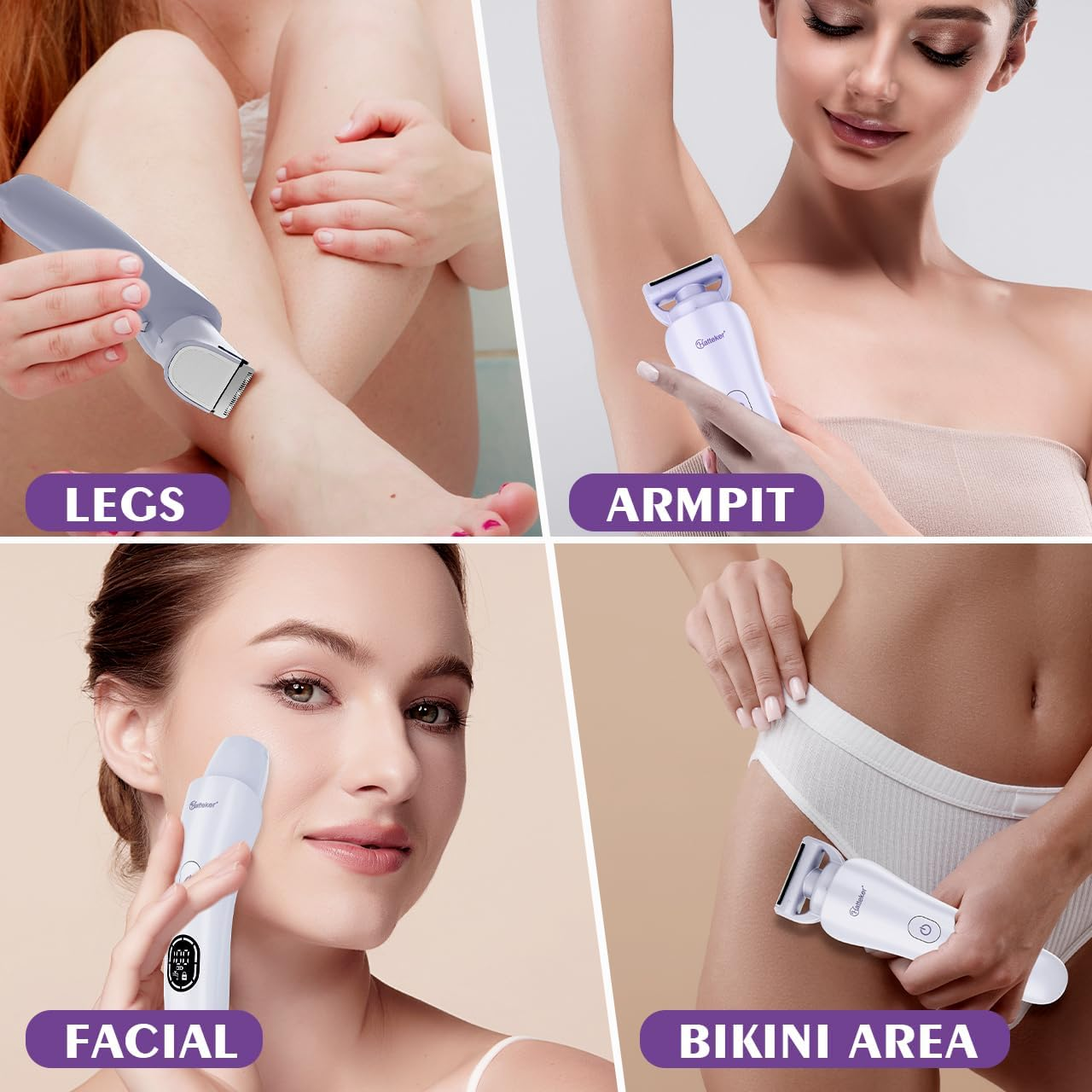 Hatteker Women'S Electric Shaver Bikini Trimmer Hair Trimmer for Women Electric Razor for Legs Bikini Underarm Pubic Hairs IPX7 Waterproof USB Rechargeable with LED Light (Purple) image number 4