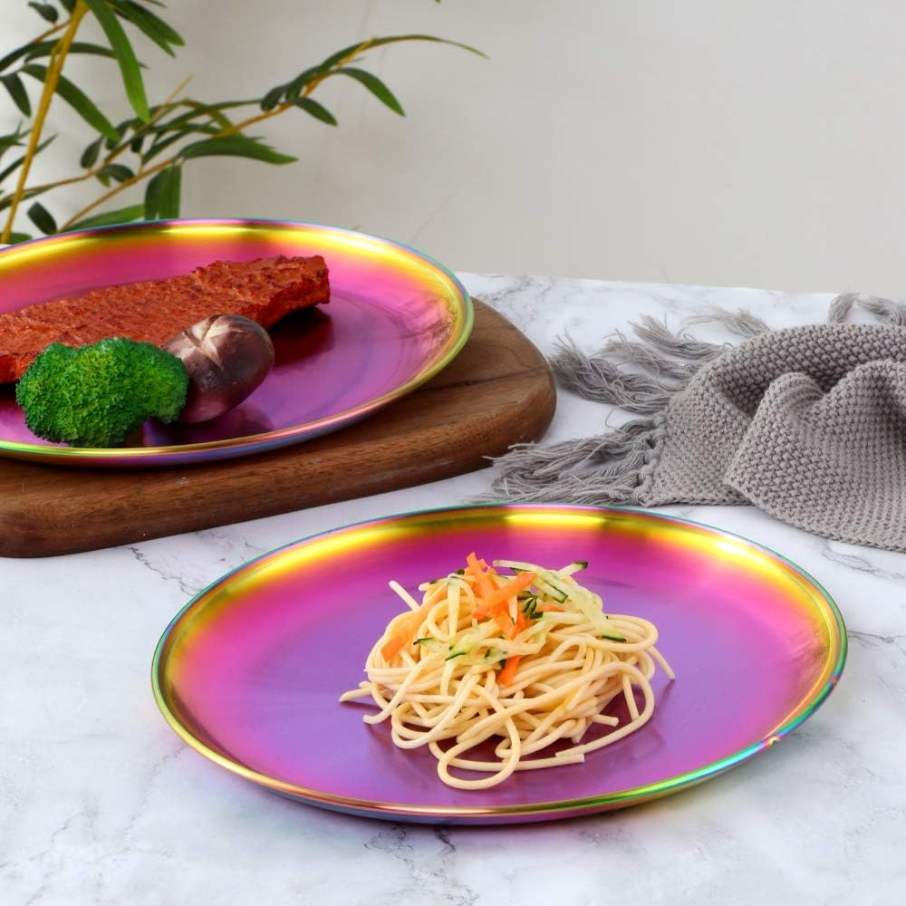 Stainless Steel Rainbow Plate Metal Plate 30 Cm Camping Serving Salad Plate Kid Tableware Set for 4 image number 4