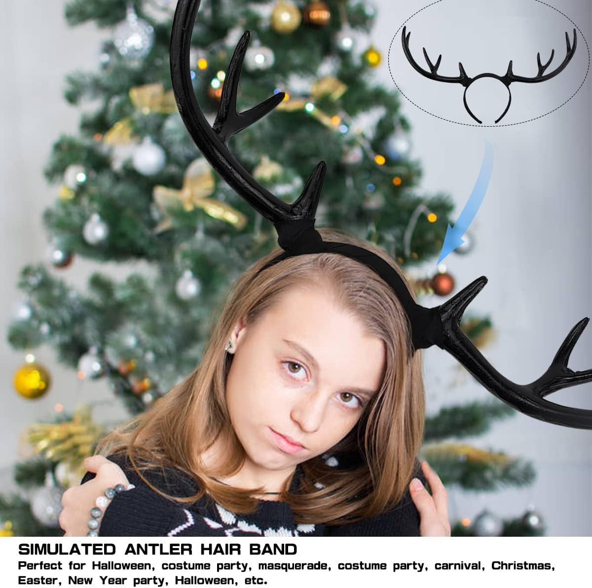 FERCAISH Reindeer Antler Headband, Black Deer Horn Elk Headband Headpiece for Christmas Party, Large Antler Ears Hairband image number 1