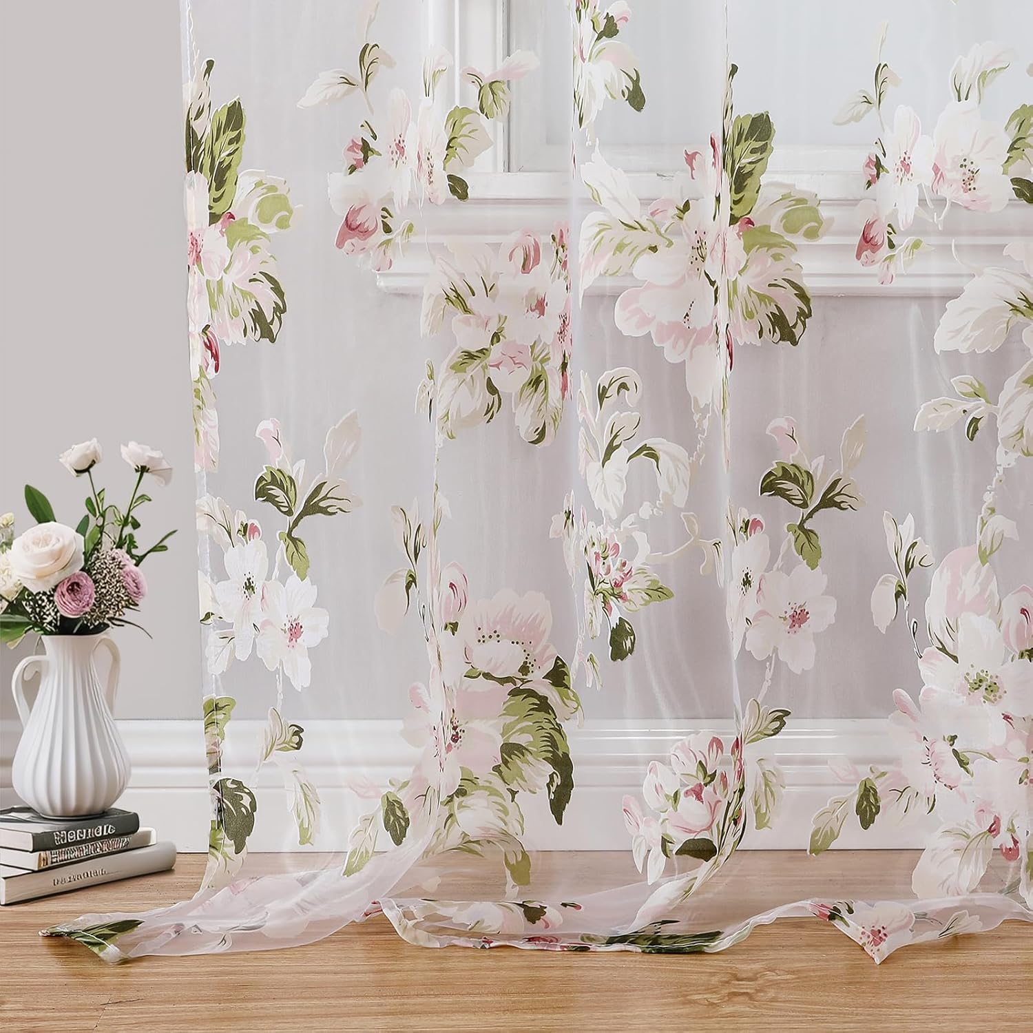 BROSHAN Floral Print Sheer Room Curtains, Pretty Pink Flower Curtain Sheers Sage Green Leaves Pattern Bedroom Curtain Set of 2 Botanical Voile Tulle Window Curtain Panels Rod Pocket