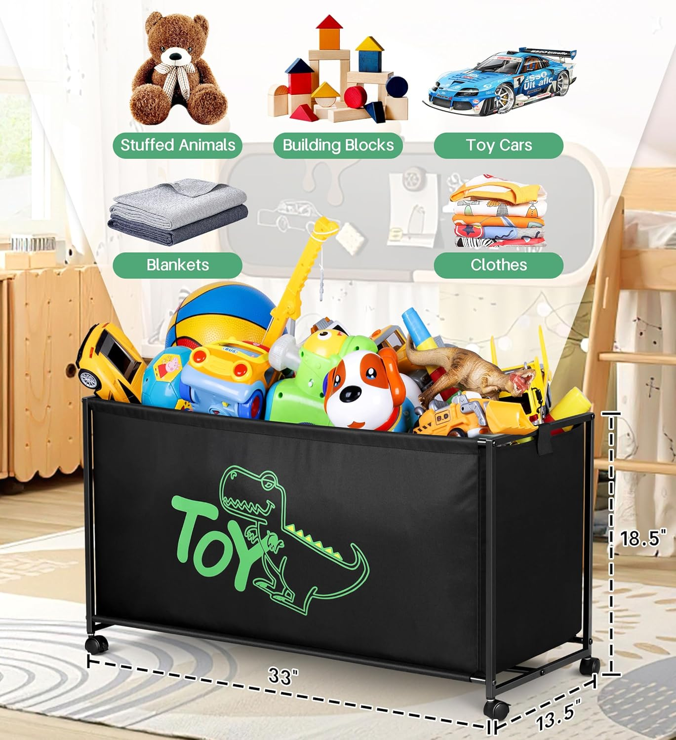 MISSLO Large Toy Box with Wheels Big Toy Chest for Kids Organizer Toy Storage Bin, 124L, Black image number 2
