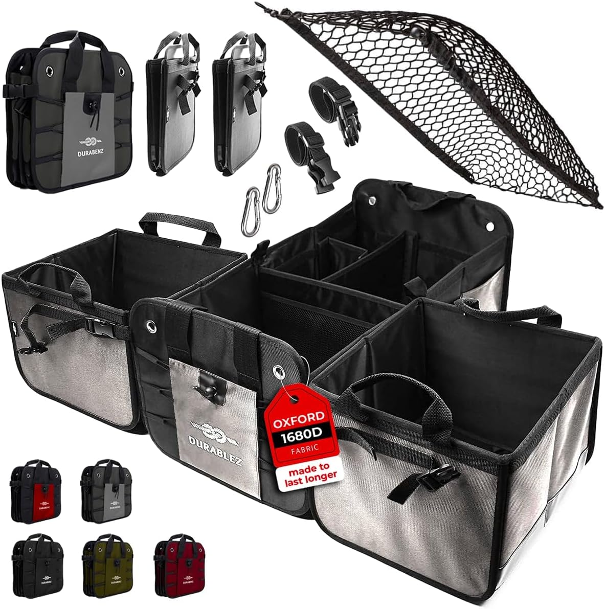 DURABLEZ 4 Compartment Separable Collapsible Car Trunk Storage Organizer Automotive Accessory Collapsible Storage Box Organiser for SUV Minivan Truck Sedan - XXL, Two Shades of Gray image number 1