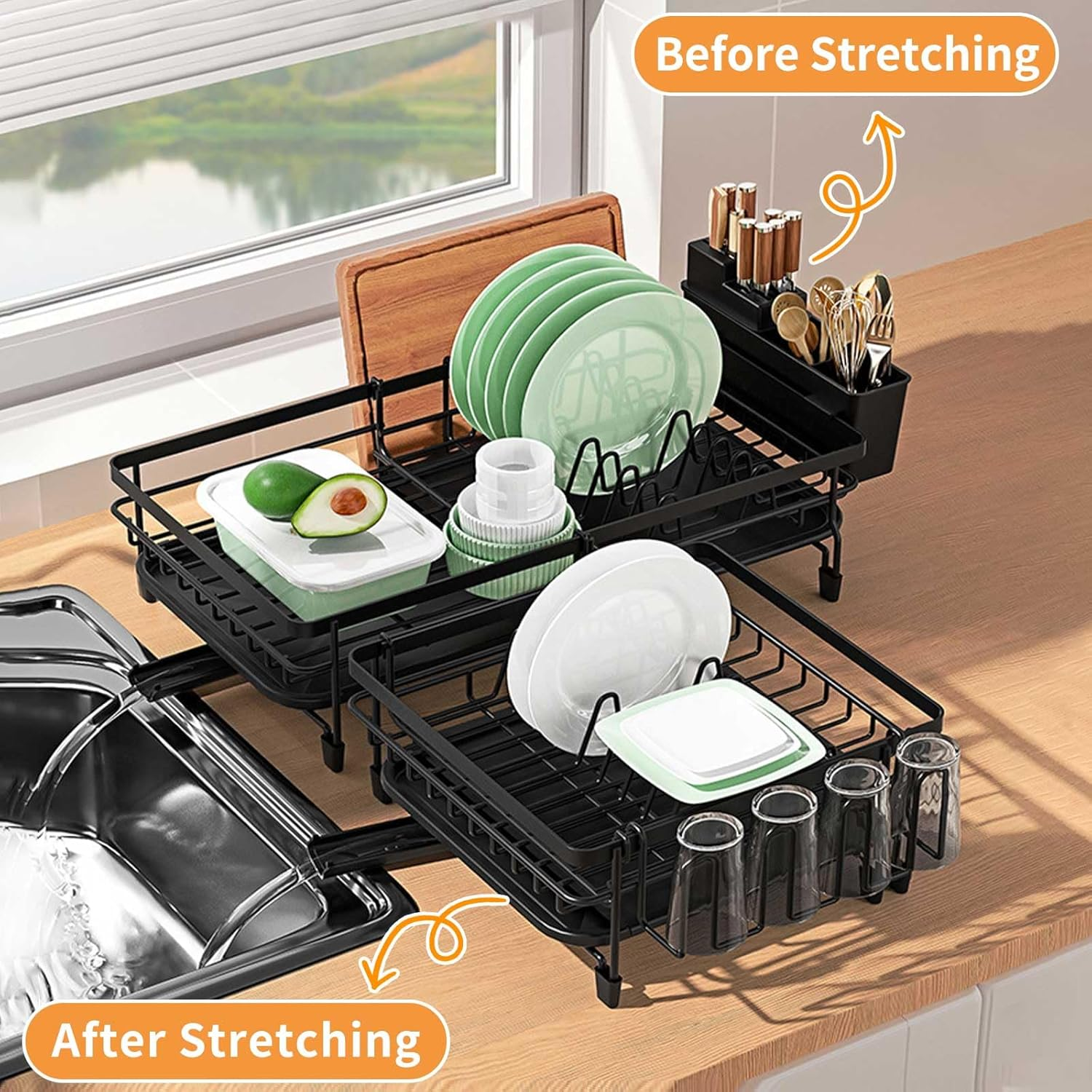 Stusgo Sink Metal Dish Drying Rack Kitchen Dish Rack, Dish Racks 360&deg; Rotating Scalable Drainer Board，Foldable Sink Dish Rack,Dish Drainers for Kitchen Counter Free Drainer Rack (Black) image number 4