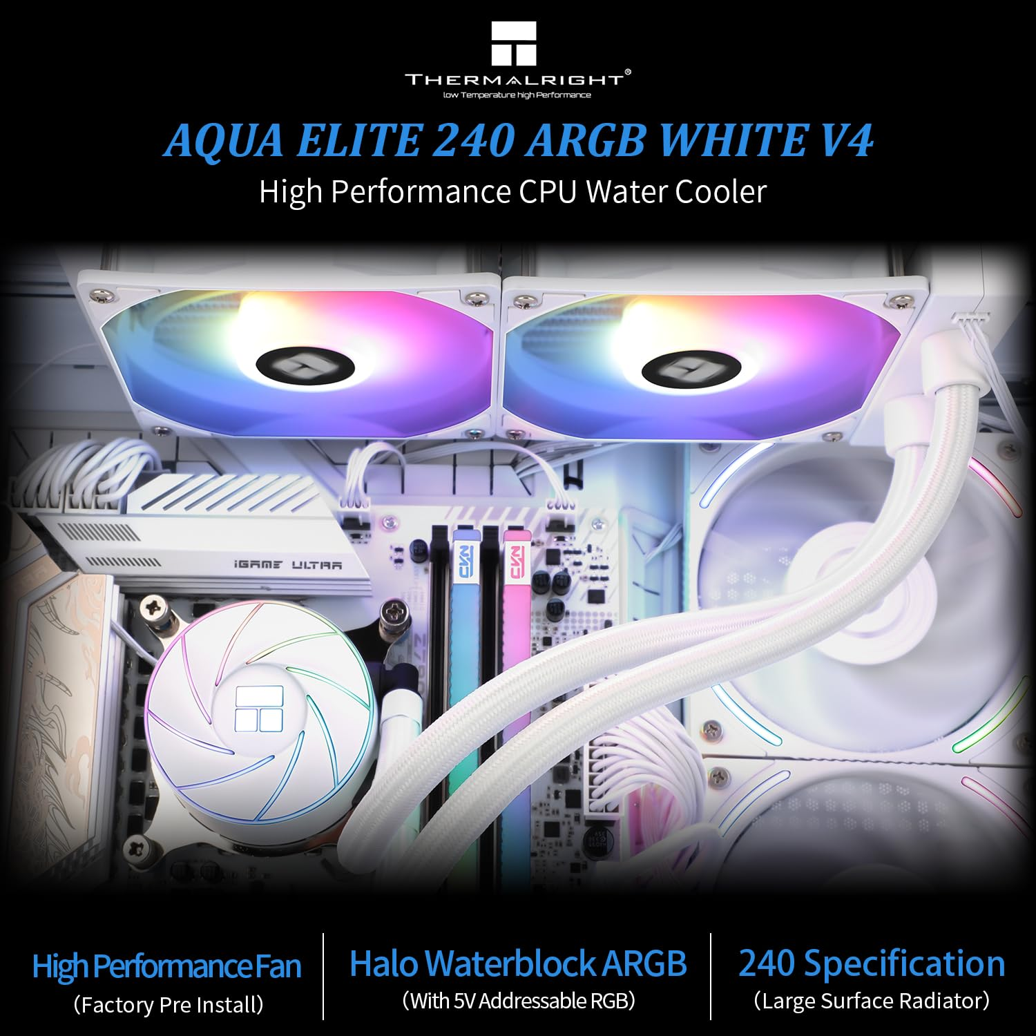 Thermalright Aqua Elite 240 ARGB White V4 CPU Water Cooling,White Aio CPU Cooler, 240 Cooling Row Size,Double PWM Fans with S-FDB Bearings,For Amd/Am4/Am5,Intel LGA1851/1150/1151/1200/2011/ 1700 image number 4