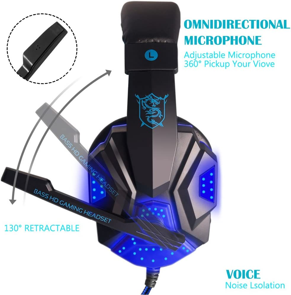Gaming Headset with Mic and LED Light for Laptop Computer, Cellphone, PS4 and so On, Maxin 3.5Mm Wired Noise Isolation Gaming Headphones - Volume Control.(Black and Blue) image number 1