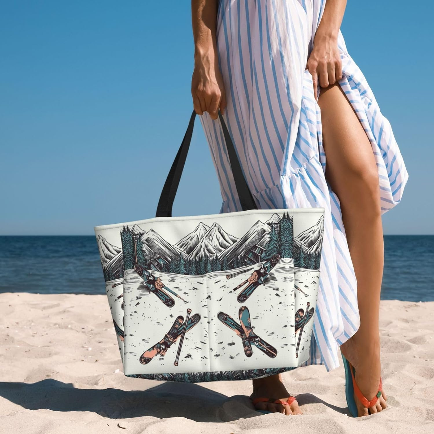 GDSHJKLW Beach Bags for Women Large Waterproof Sandproof Beach Tote Bag Lightweight Zipper Carry on Bag Skiing with Gear Set Pool Bag for Gym Travel Vocation, Black, One Size image number 6