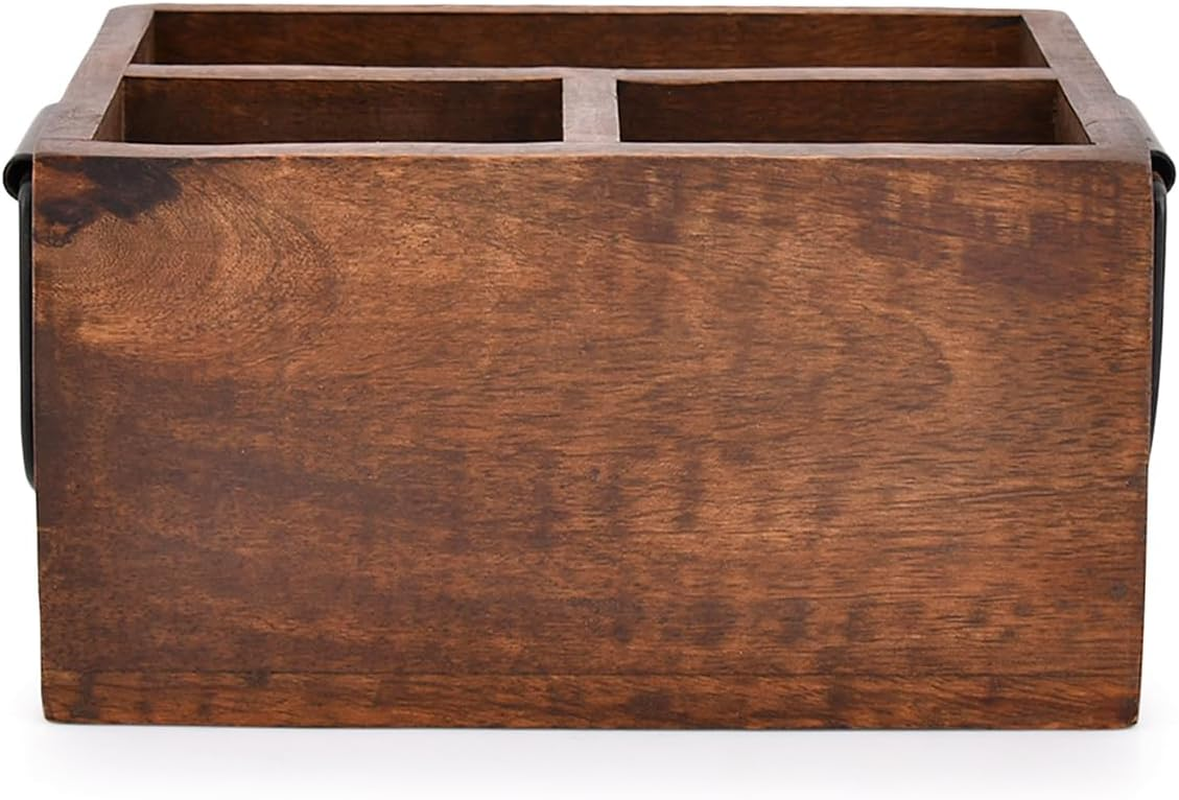 EDHAS 3 Compartment Flatware Caddy, Cutlery Utensil Holder with Metal Handles for Farmhouse Kitchen Decor and Countertop, Dining Table, Office Organizer (20.32Cm X 15.24Cm X 10.16Cm