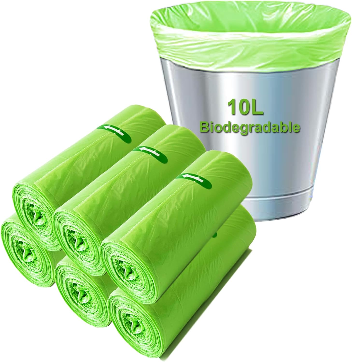 Biodegradable Bin Bags Liner 120 Counts, 10L Food Waste Bags Trash Bags Small, 10 Litre Compostable Compost Caddy Liners, Recycled Degradable Rubbish Garbage Bags for Kitchen Office, Green, 45 X 50Cm