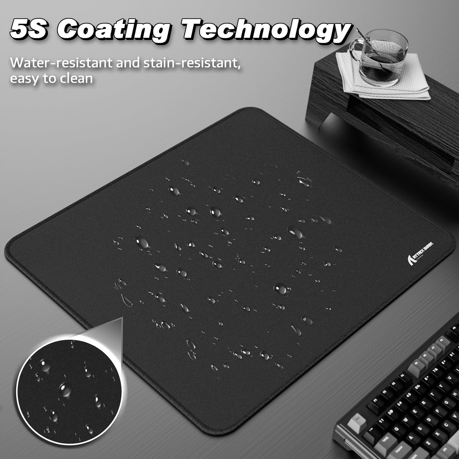ATTACK SHARK CM02 Gaming Mouse Pad for Esports Speed Waterproof Surface Stitched Edges and Anti-Slip Rubber Base Large Mouse Pad for Gaming of 17.72&rdquo; X 15.75&rdquo; X 0.16&rdquo; (Black) - Black image number 2