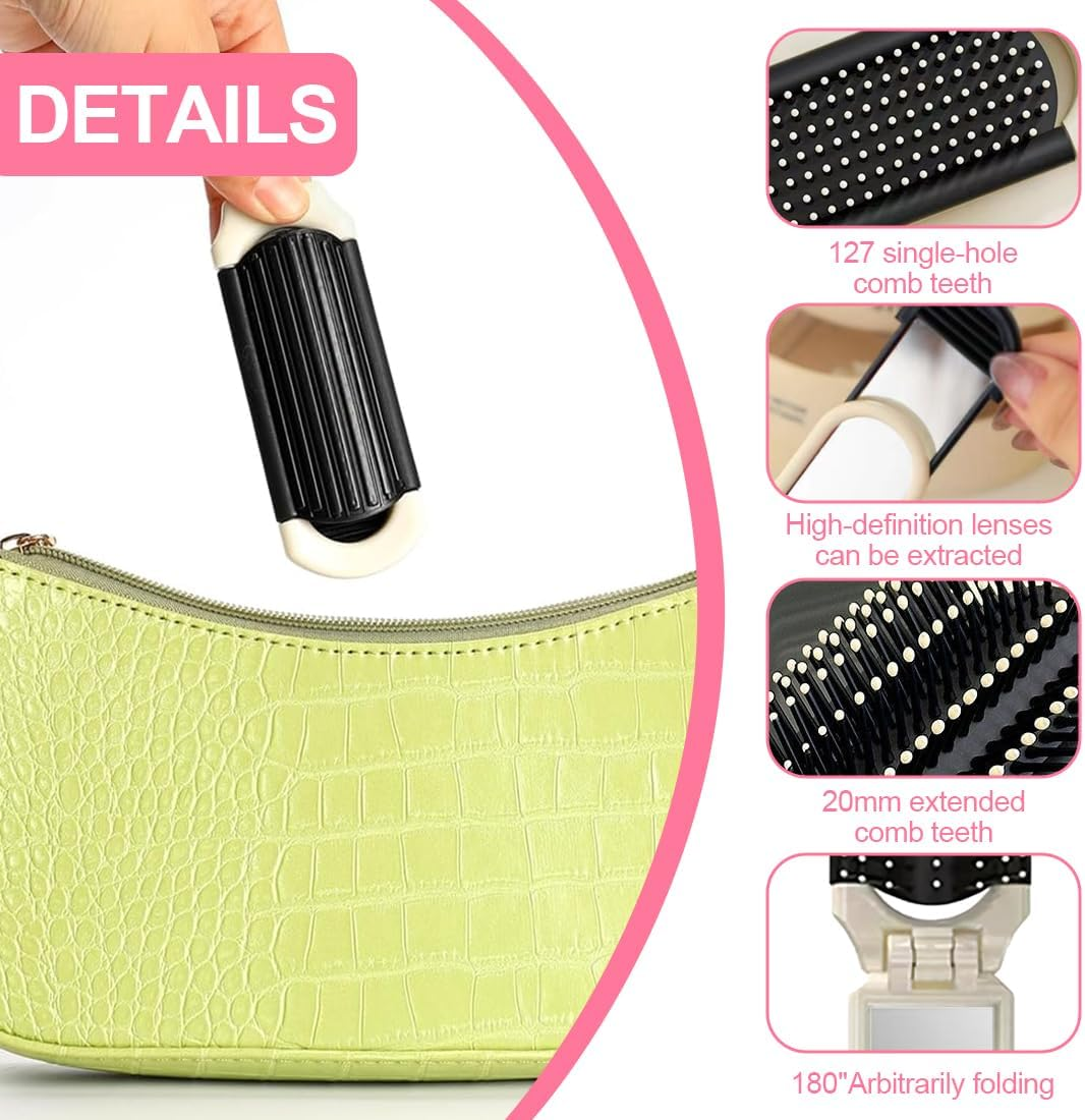 NHQZ Pack of 2 Foldable Travel Hair Brushes, Travel Hair Brush with Mirror, Foldable, Removable, Portable Silver Hair Styling Comb, for Men, Girls, Women, AB, Medium image number 5