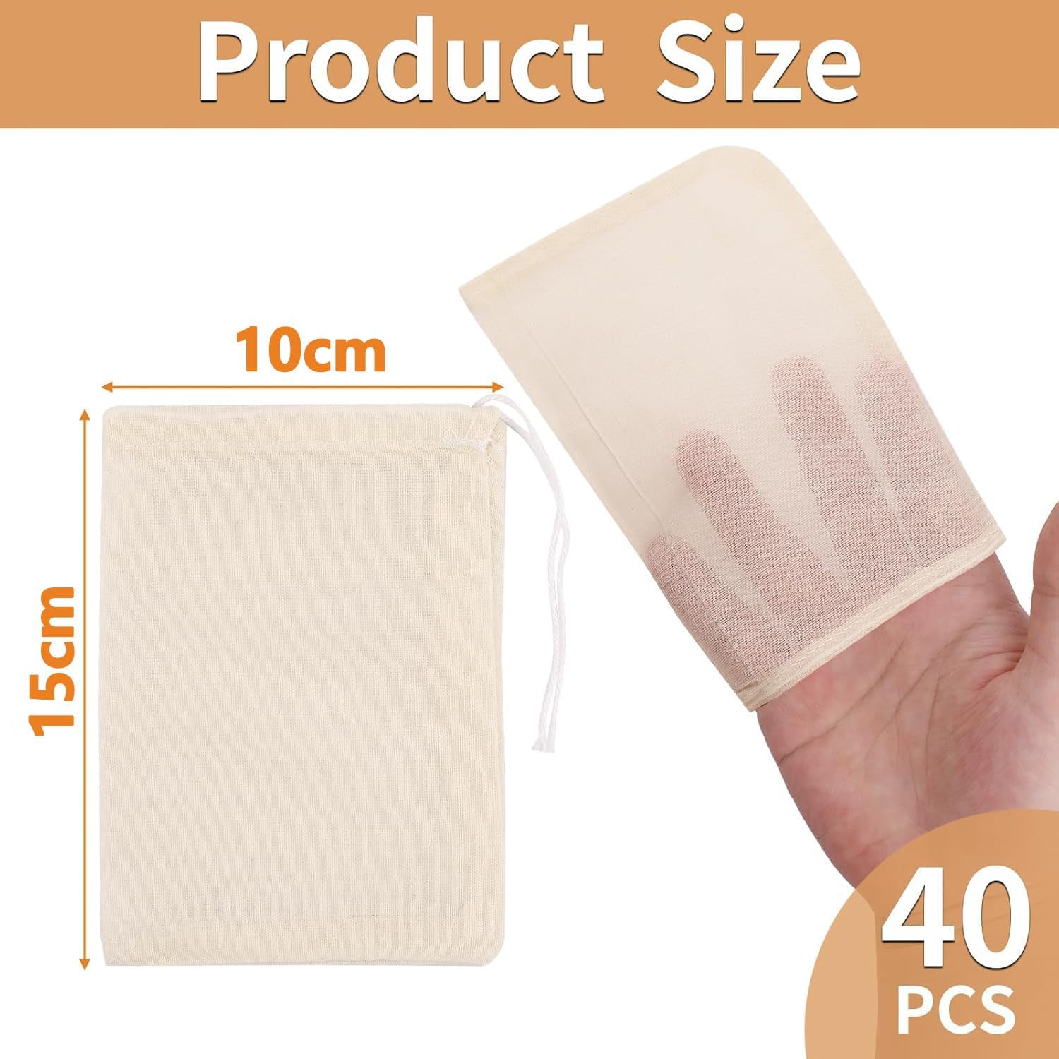 40 Pcs Reusable Muslin Spice Bags &ndash; 10X15 CM Natural Cotton Drawstring Bags for Cooking, Soup, Tea, Straining, and Herb Sachets, Unbleached Cheesecloth for Loose Tea and Cheese image number 4