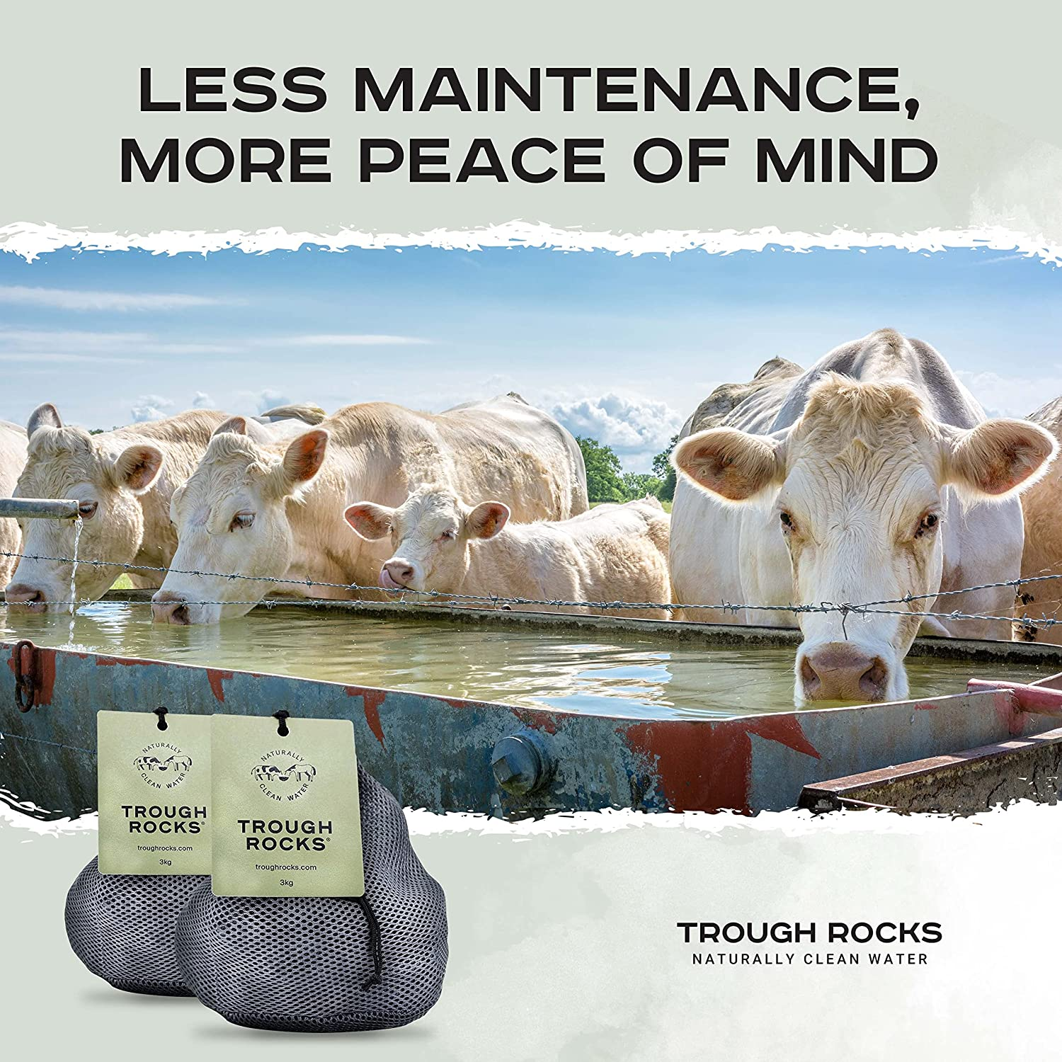 Trough Rocks - All Natural Algae & Bacteria Inhibitors for Horses & Livestock Water Troughs, Cleaner Healthier Water, One Application, Lasts 4 Months, One 3Kg Bag