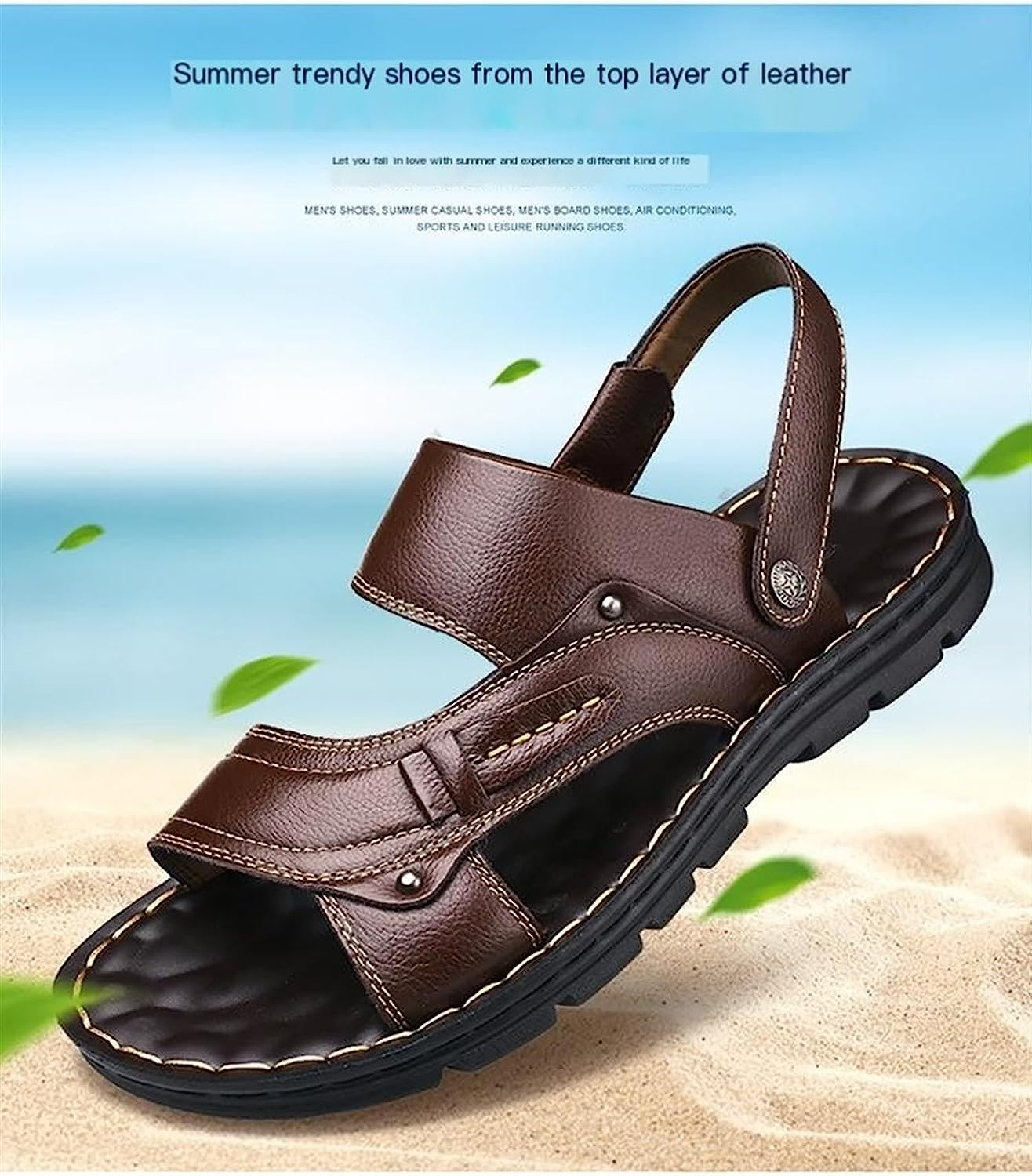 Summer Style Men Shoes Leather Beach Shoes Thick-Soled Anti-Skid Dual-Use Casual Men Sandals Three-Color Shoes (Color : Brown, Size : 8)