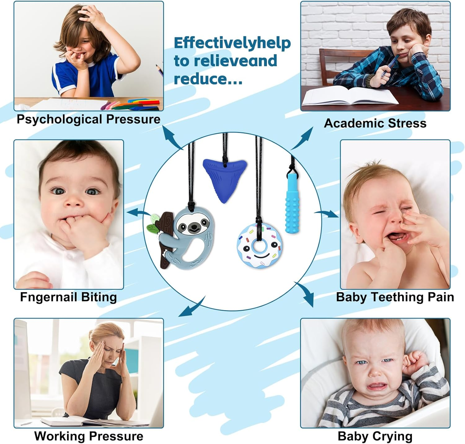 Chewy Necklace Sensory Toys for Autism | 4-Pack Silicone Chew Necklaces for Kids & Adults | Reduce Anxiety, Fidgeting, and Stress