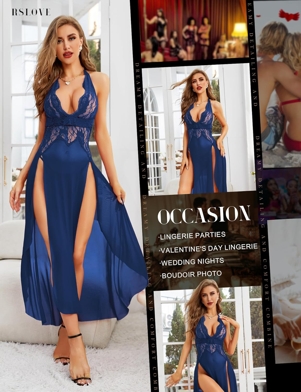 RSLOVE Women'S Sexy Lingerie Lace Babydoll Sleepwear Mesh Chemise Deep V Neck Nightdress Side Slits Nightgowns