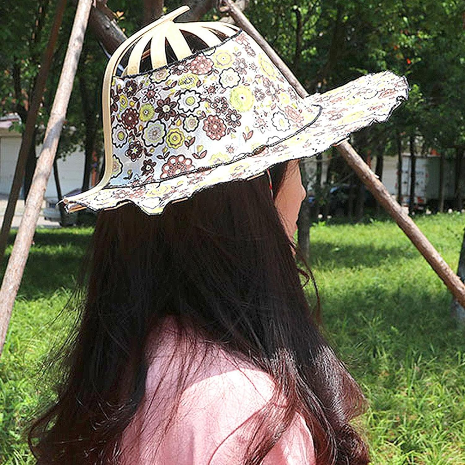 Portable Bamboo Sun Hat - Uv Protection 2 in 1 Bamboo Sun Hat | Bamboo Hat, Beach Hat Hand Fans for Women Foldable for Spring/Summer image number 3