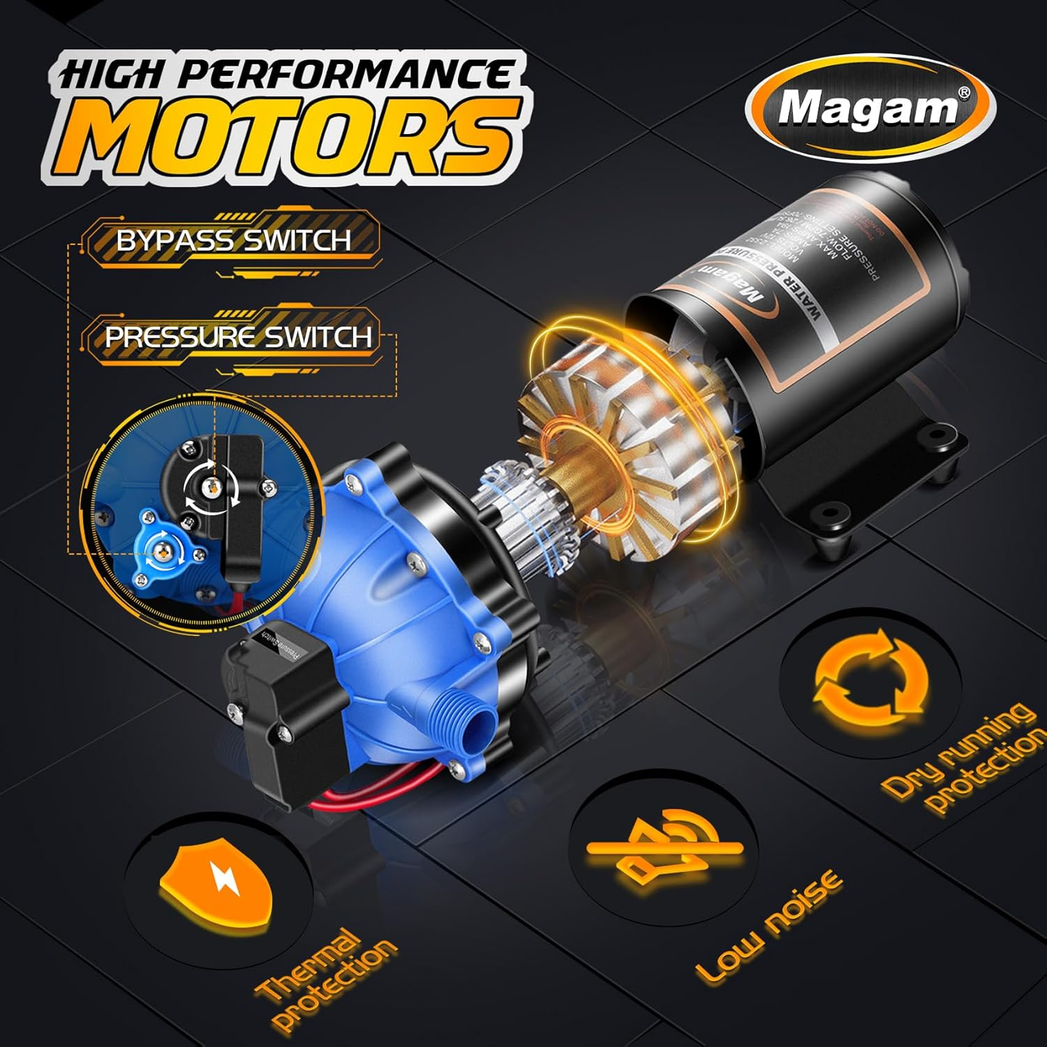 Upgraded 12 Volt Water Pump, 7GPM 70PSI, Five Chamber Self-Priming Diaphragm 12V DC RV Fresh Pump with Heavy Duty Pressure Switch & Strainer for Marine, Yacht, Caravan, Camper image number 2