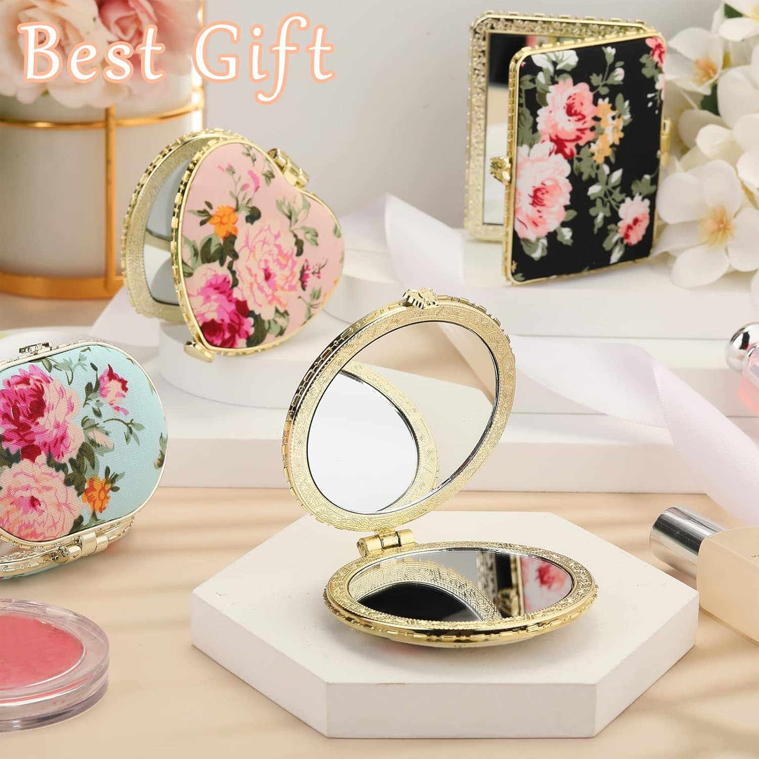 Blulu 8 Pieces Compact Mirror Bulk for Purse Flower Small Floral Retro Folding Portable Pocket Mirror for Women Girls Travel Gift(Gold Edge) - Gold Edge image number 4