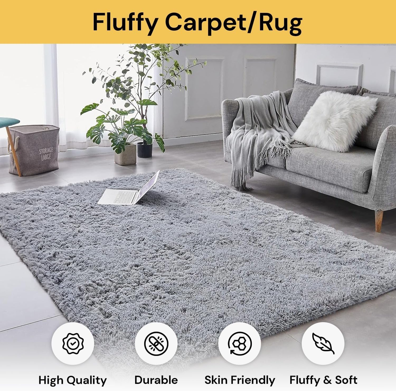 Spendeal Fluffy Area Rug for Home, Soft Shaggy Carpet for Living Room, Bedroom, Lounge, Kids Room, Non-Slip Washable Plush Mat, Nursery Play Rug, Stylish Modern Floor Decor (Grey, 120 X 160 Cm) image number 2