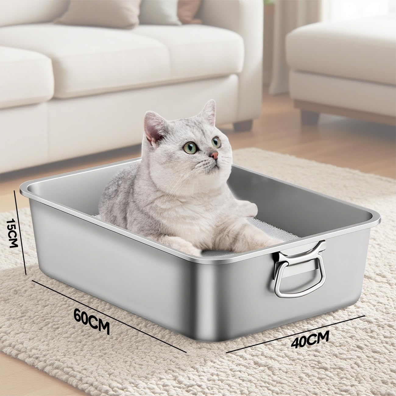 Stainless Steel Litter Box with Handle, Large Metal Cat Litter Box with High Sided for Big and Small Cats, Kitty Litter Boxes Toilet, Non-Stick, Easy to Clean 60X40X15Cm