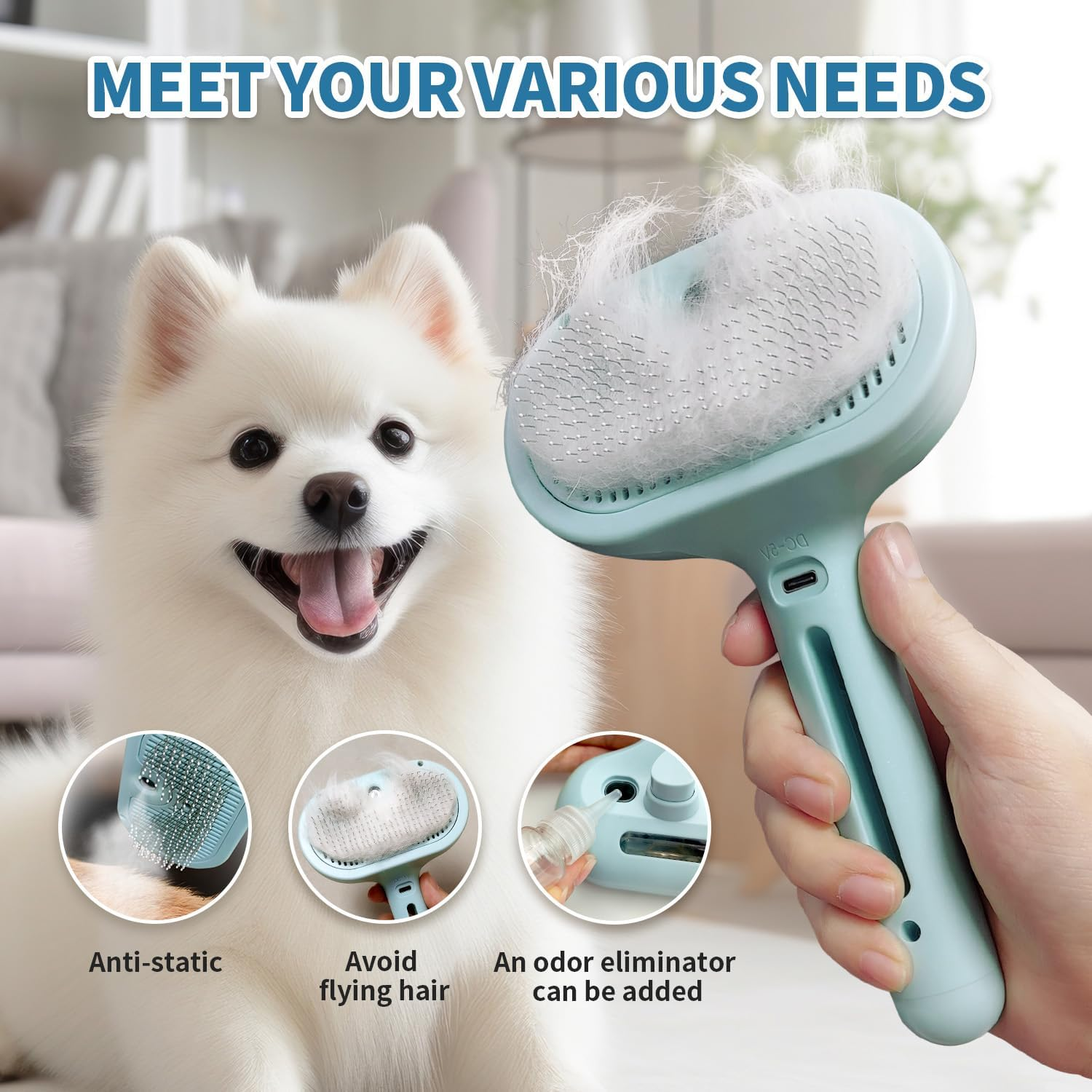 Dog Brush for Shedding, 3 in 1 Self Cleaning Steam Dog Brush - Anti-Static,Cat Steam Brush Removal Comb with Release Button, Grooming Tool for Long and Short Hair Pets, Blue image number 1