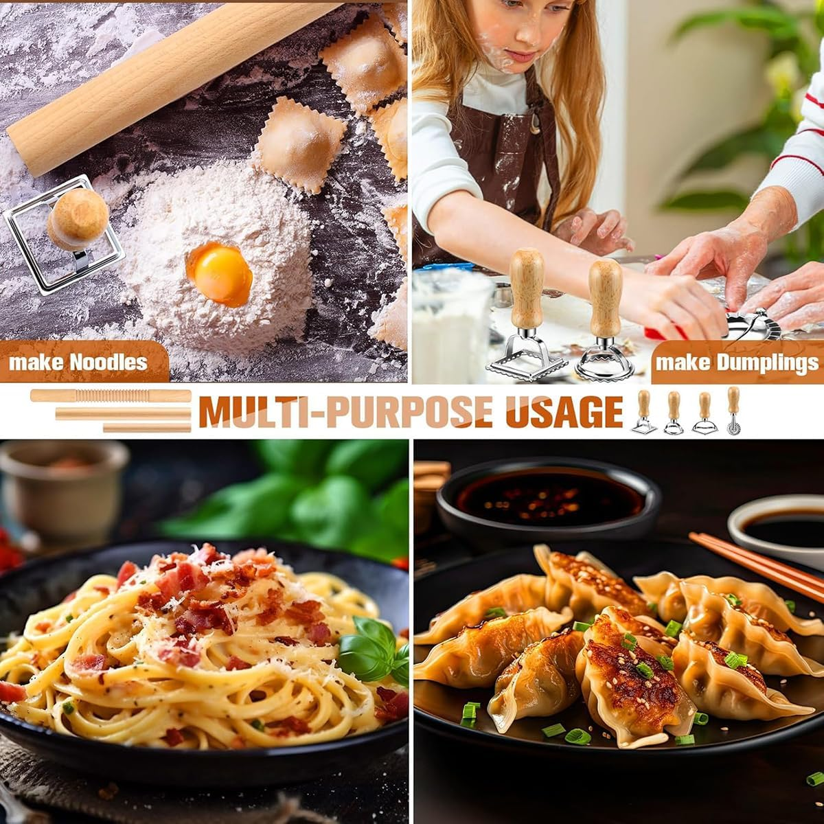Kitment 9Pcs Pasta Making Tools Set, Pasta Maker, Wood Gnocchi Board, Rolling Pin, Pasta Roller, 4 Ravioli Stamp Maker Cutter, Dumpling Maker, Kitchen DIY Gift image number 1