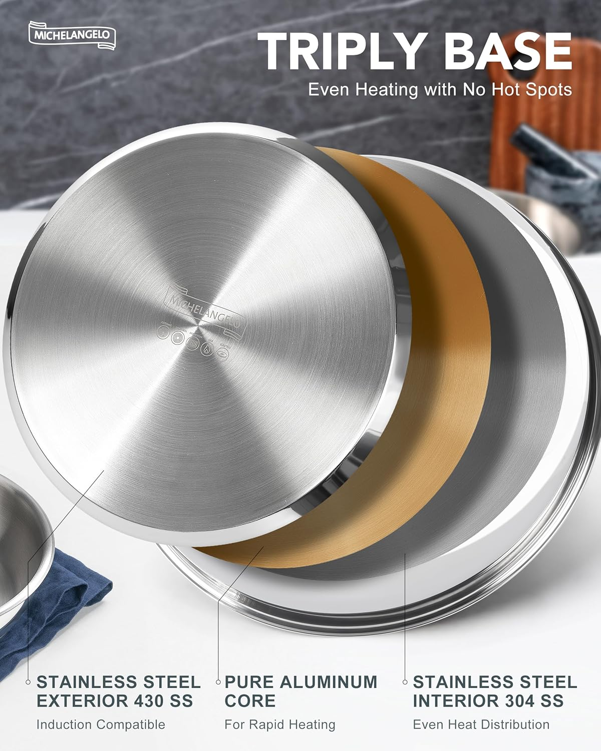 Michelangelo Stainless Steel Frying Pan Set, Cooking Pans with Removable Handle, Triply Base Stainless Steel Pan Set, Induction Compatible Skillet- 8" & 9.5" & 11"