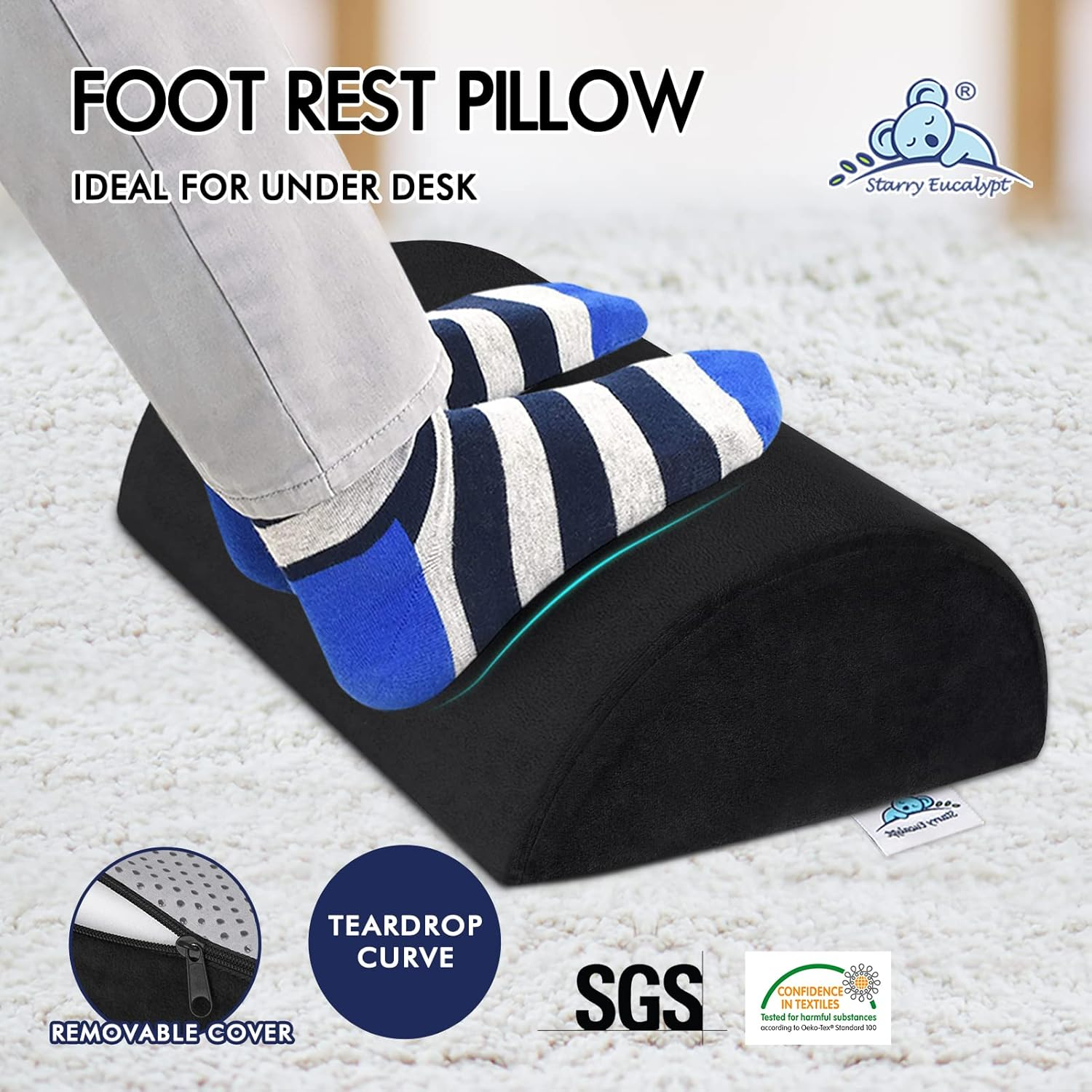 STARRY EUCALYPT Office Foot Stool Rest under Desk for Office Gaming Chairs, Ergonomic Memory Foam Foot Stool Pillow, Foot Cusion Footrests with Non-Slip Base Cover for Back & Hip Pain Relief,Black