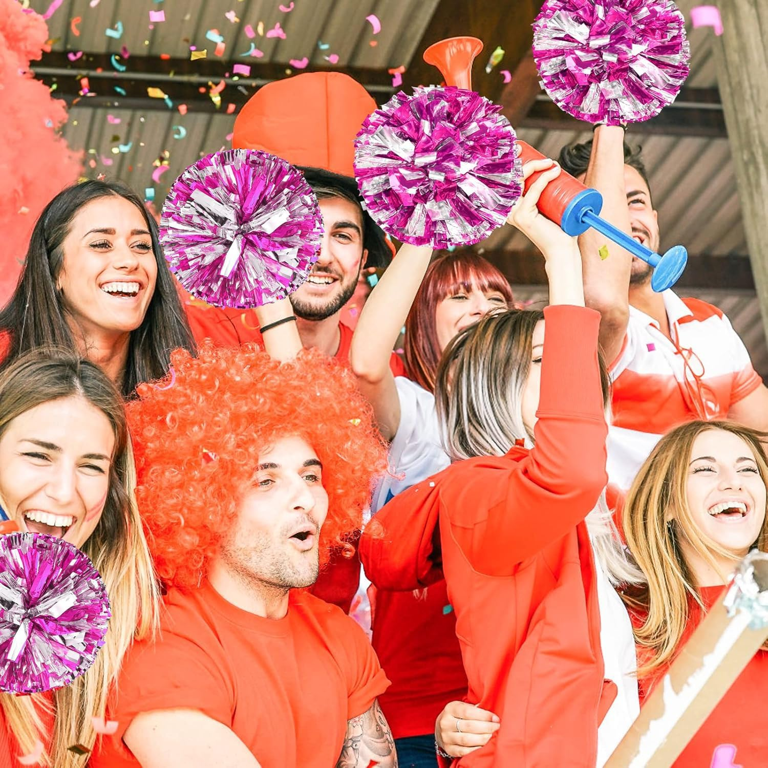 IONPSHG 4Pcs Cheerleader Pompoms Metallic Foil Cheer Poms Hand Flower Pompoms with Baton Handle Cheering Squad Pompoms Handheld Cheerleader Pompom Plastic Ring Pompom for Team Spirit Sports Dance image number 4