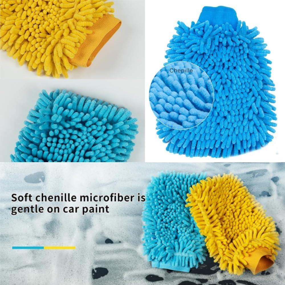 FUNNTY 2PCS Car Wash Mitt,Scratch-Free Car Wash Mitt,Microfiber Wash Mitt, Double-Sided Car Washing Gloves,For Car, Truck, SUV and More(Blue & Yellow)