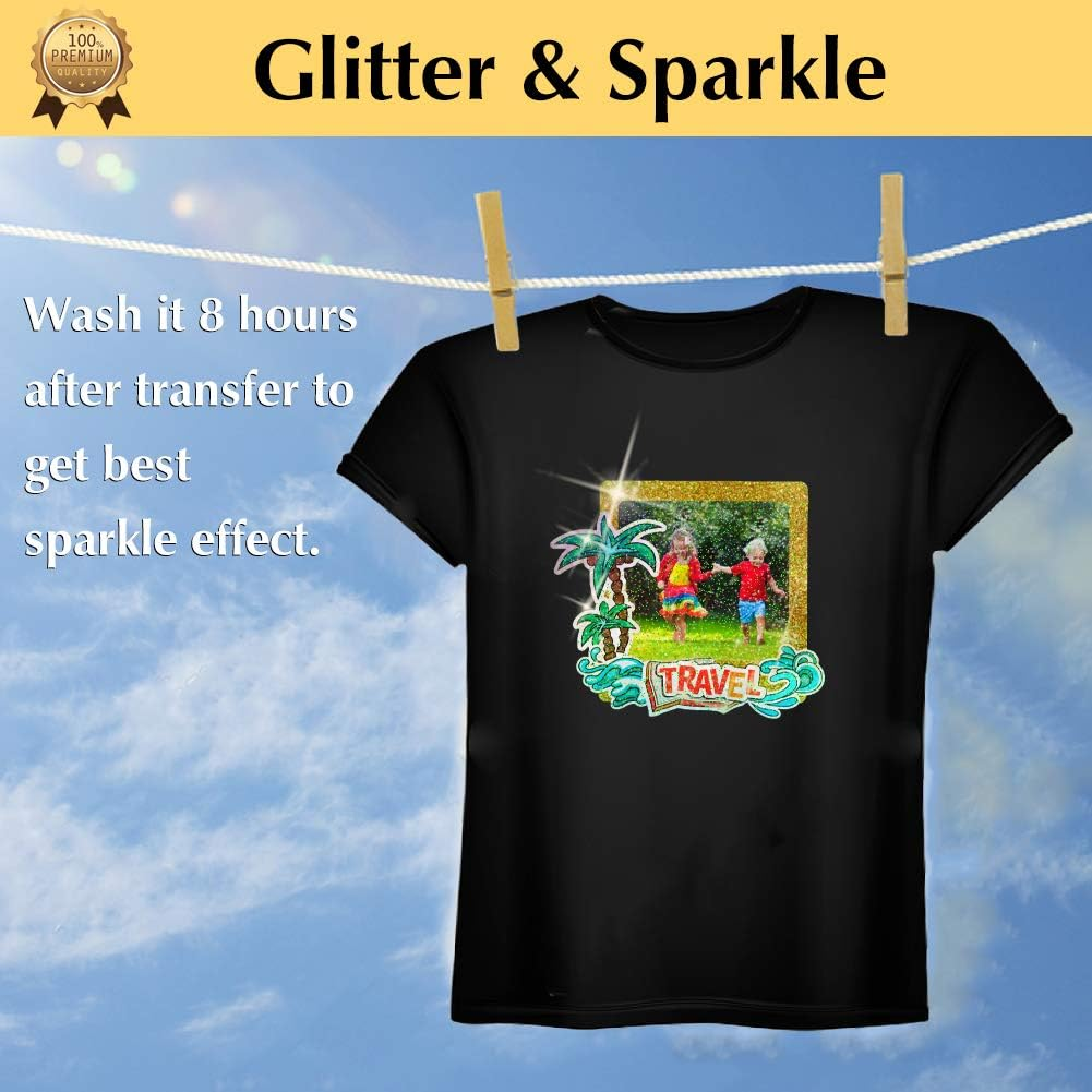 Transourdream Glitter 1.0 Iron on Heat Transfer Paper for T Shirts (10 Sheets, A4) Printable Heat Transfer Vinyl for Inkjet Printer Iron-On Transfers Paper for Light and Dark Fabric (AU-10-10) image number 4
