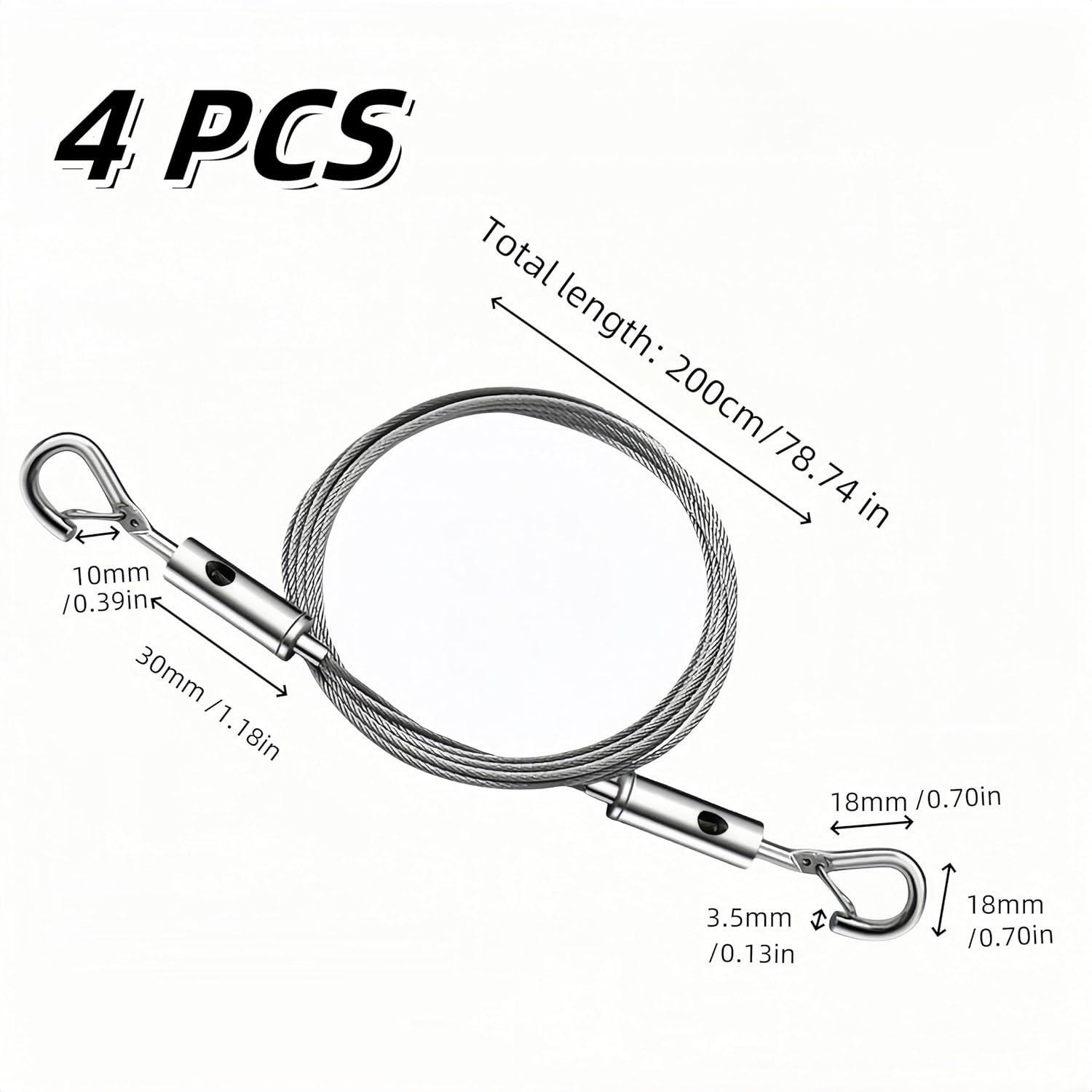 4 PCS Adjustable Heavy Duty Picture Hanging Wire Kit,2 M X 1.5 Mm Stainless Steel Wire Rope with 2 Hooks, for LED Panel Light,Billboards,Indicator,Basket Flowerpot,Art Exhibitions,Hold up to 20Kg image number 1