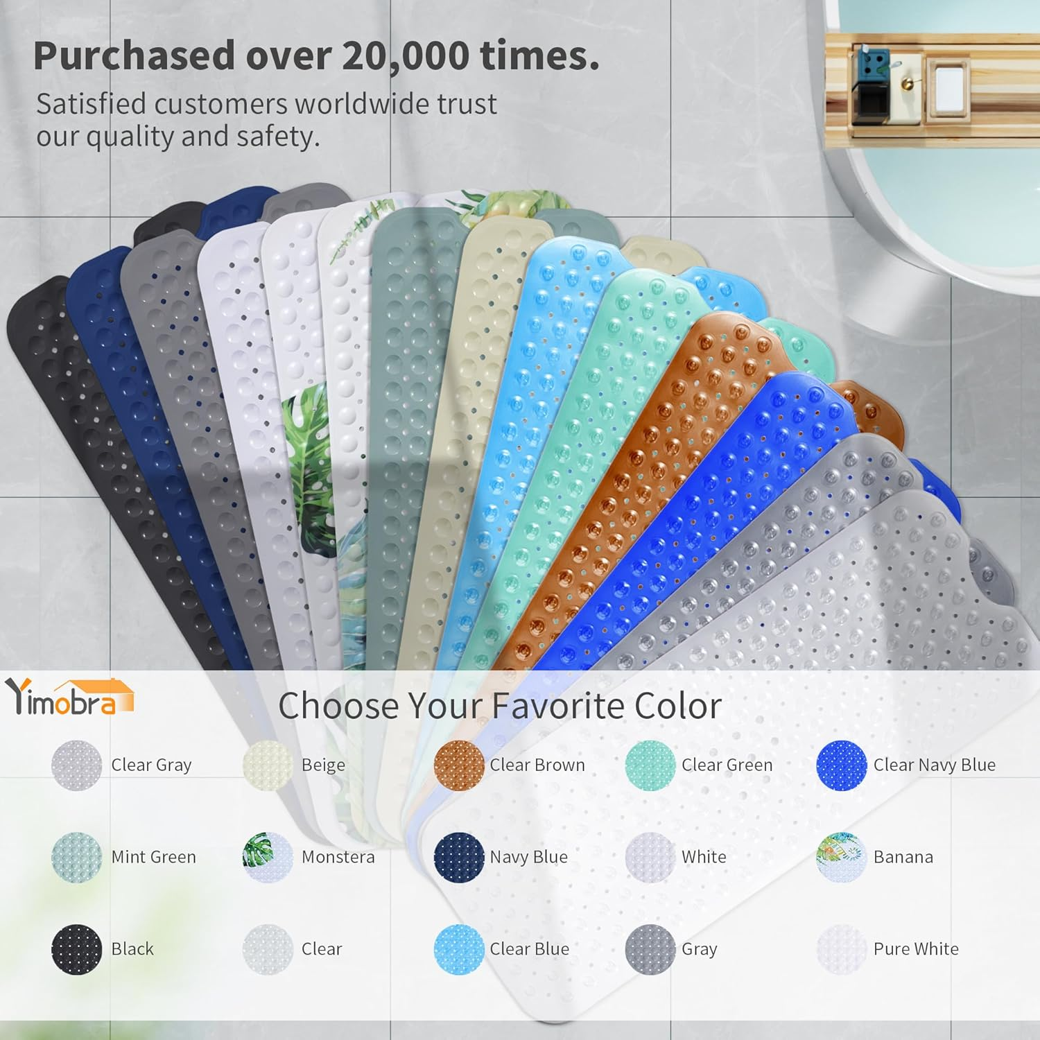 Yimobra Non Slip Bathtub Mat 40 X 16 Inch, Extra Long Shower Mat with Drain Holes, Machine Washable Baby Bath Mats, Strong Suction Cups for Bathroom Floor, Clear Green - 1, Beige image number 7