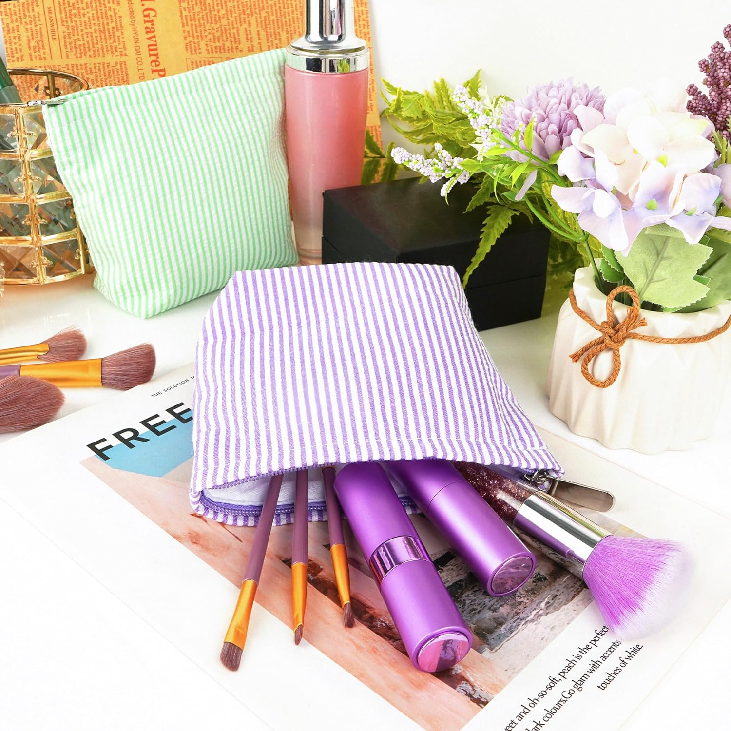 Reignsword 2 Pack Travel Cosmetic Bag, Fashion Stripes Makeup Bag Organizer, Portable Toiletry Bag Zipper Pouch for Women (Green & Purple)