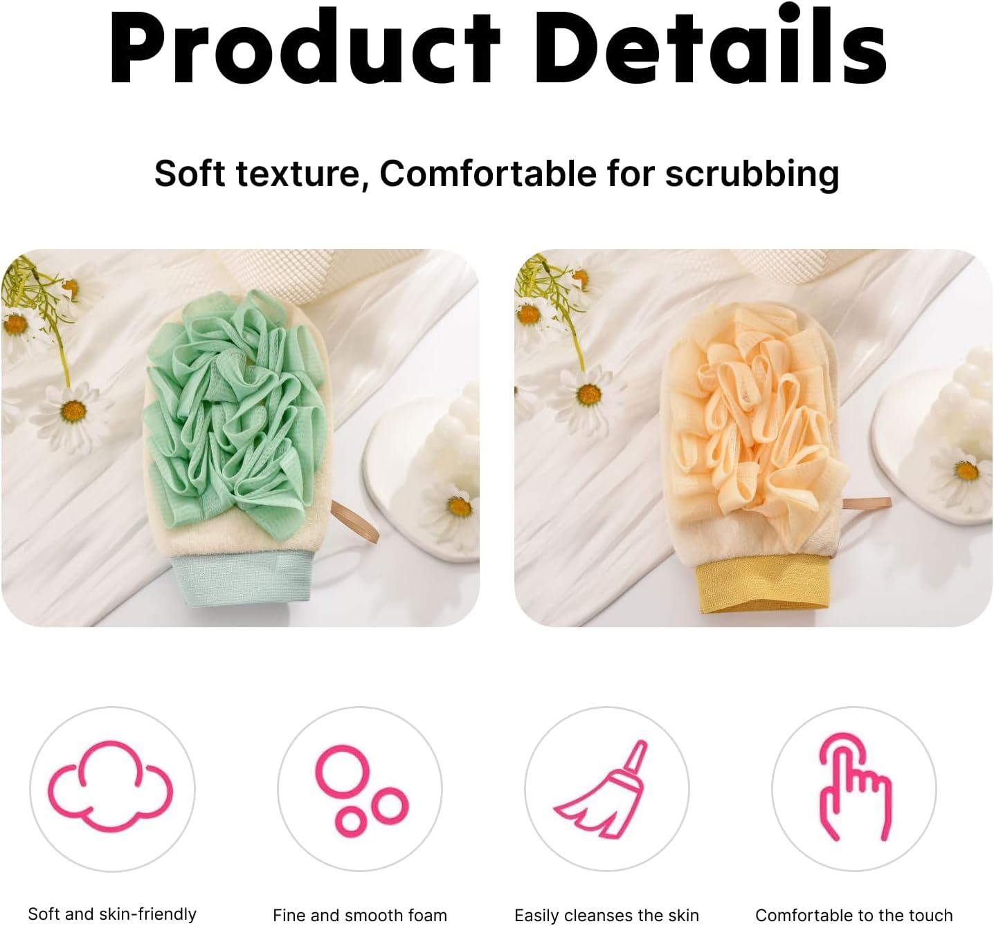 2 Pcs Exfoliating Gloves, 100% Vegan Adhesive Body Scrub Gloves for Removing Dead Skin Spa Grade Shower Exfoliating Product, Leaving Skin Smooth, Shiny, Green, and Yellow image number 3