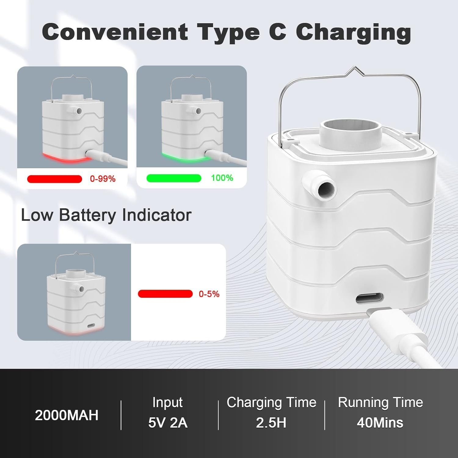 Portable Air Pump, Beedove Mini Air Pump with Camping Light, 2400Mah Battery USB Rechargeable, 5 Nozzles Quick Inflate Deflate Pump for Swimming Ring Pool Toys Air Mattress Bed Vacuum Storage Bags image number 6