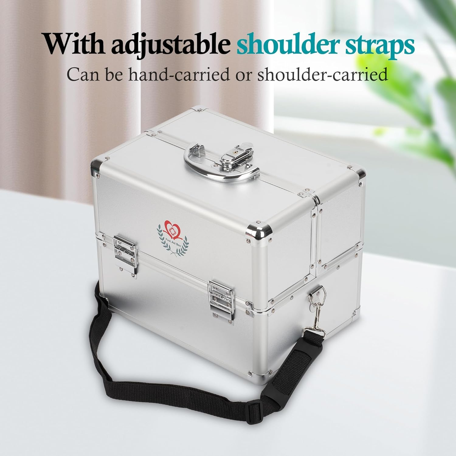 3 Layer Medicine Lock Box Large, Empty First Aid Box with Shoulder Strap and Lock, Portable Medicine Storage Box for Home, Office and Travel, 11.81 X 8.54 X 9.45 Inches image number 5