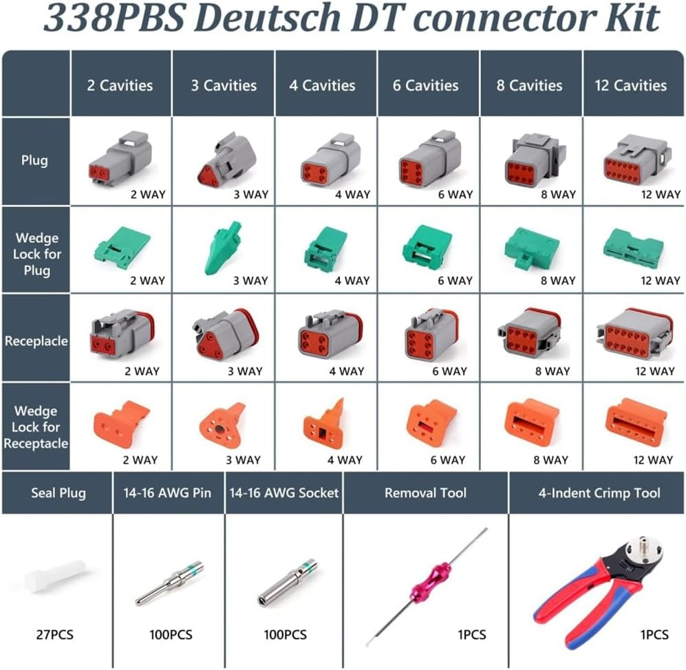 338Pcs Dt Deutsch Connector Kit - 2 3 4 6 8 12 Pin Connectors Crimping Tool Removal Tool image number 1