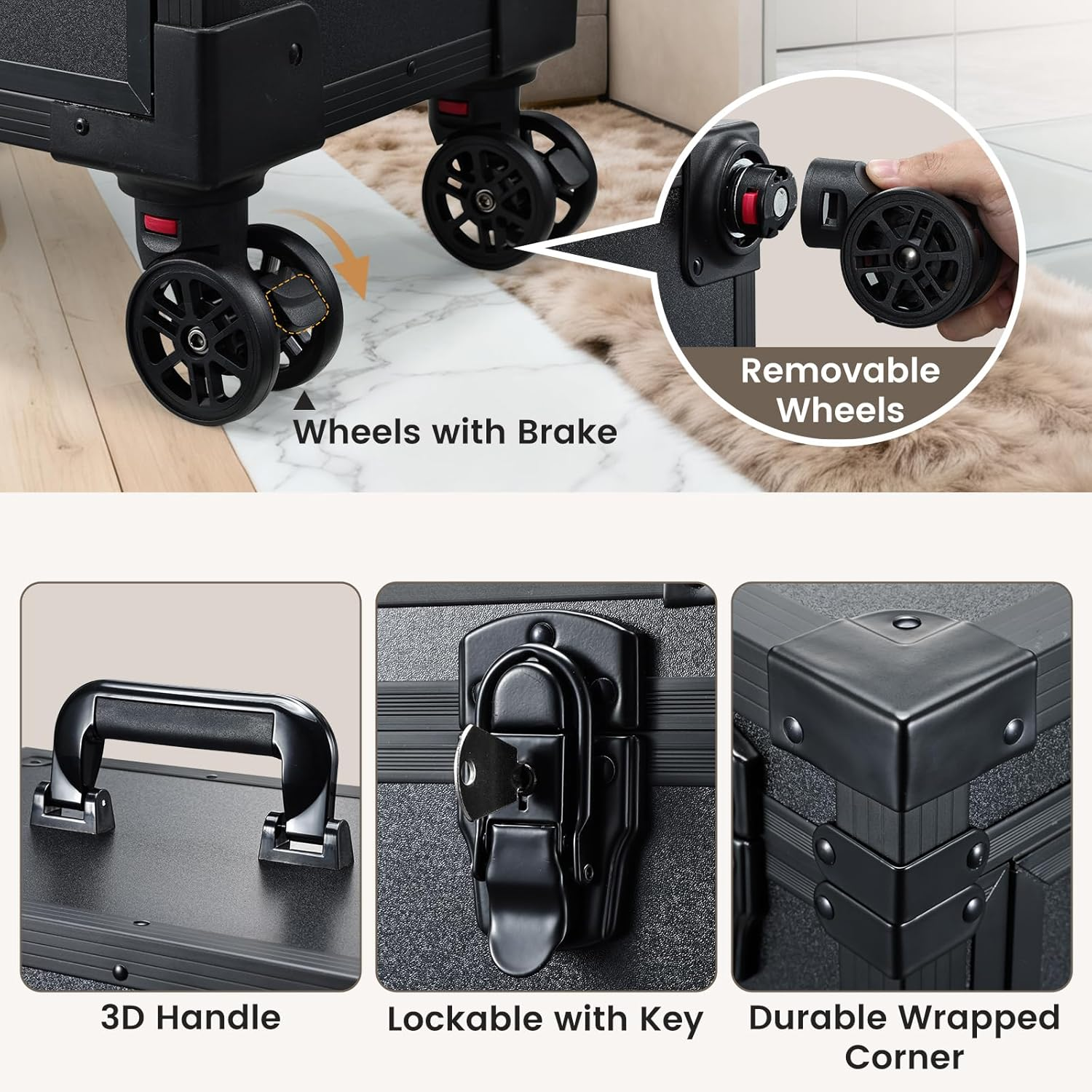 Rolling Makeup Case with LED Mirror, Cosmetology Case on Wheels with Lighted Mirror, Professional Salon Trolley Cart with 3 Drawers,Travel Makeup Lockable Beauty Organizer with Live Stream Light image number 3