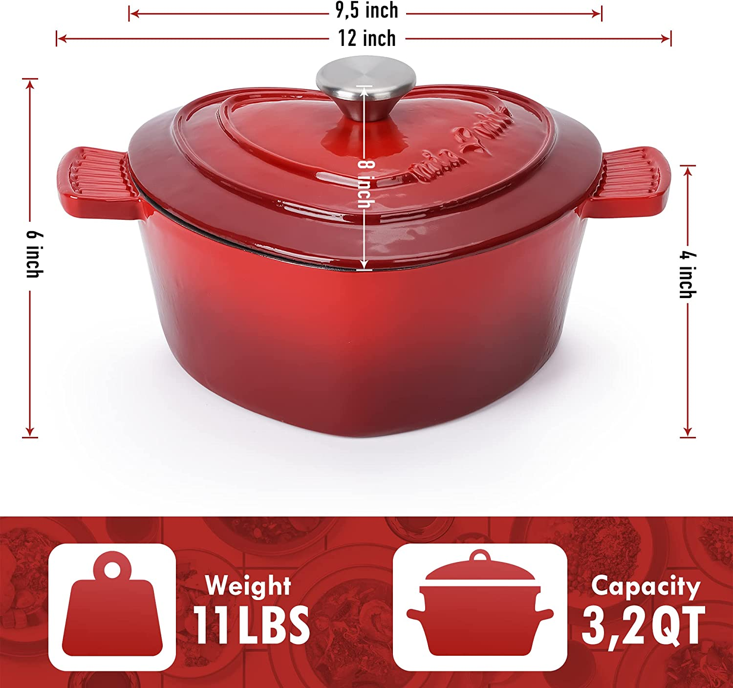 Enameled Cast Iron Dutch Oven in Heart Shape Non Stick Pot/Present for Christmas, Suitable for All Heat Types + Oven (3 L, 24 Cm) image number 5